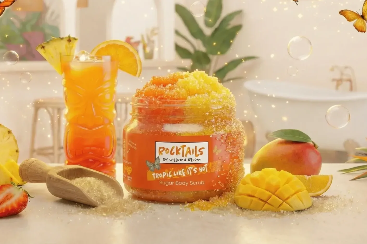 A tropical-themed sugar body scrub labeled 'RockTails by Willow & Bloom, Tropic Like It's Hot' in a jar on a white surface. Surrounding the jar are sliced mango, lemon, and strawberry, a pineapple slice, a wooden scoop with sugar, and a tall glass of orange juice garnished with pineapple and orange slices. The background features a blurred indoor setting with a green plant and white furnishings, enhanced with animated sparkles and a butterfly.