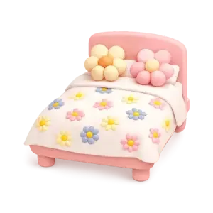A pink bed with a dome-shaped headboard decorated with pink and yellow spherical pillows. The bedspread features a floral pattern with pink, yellow, and blue flowers.