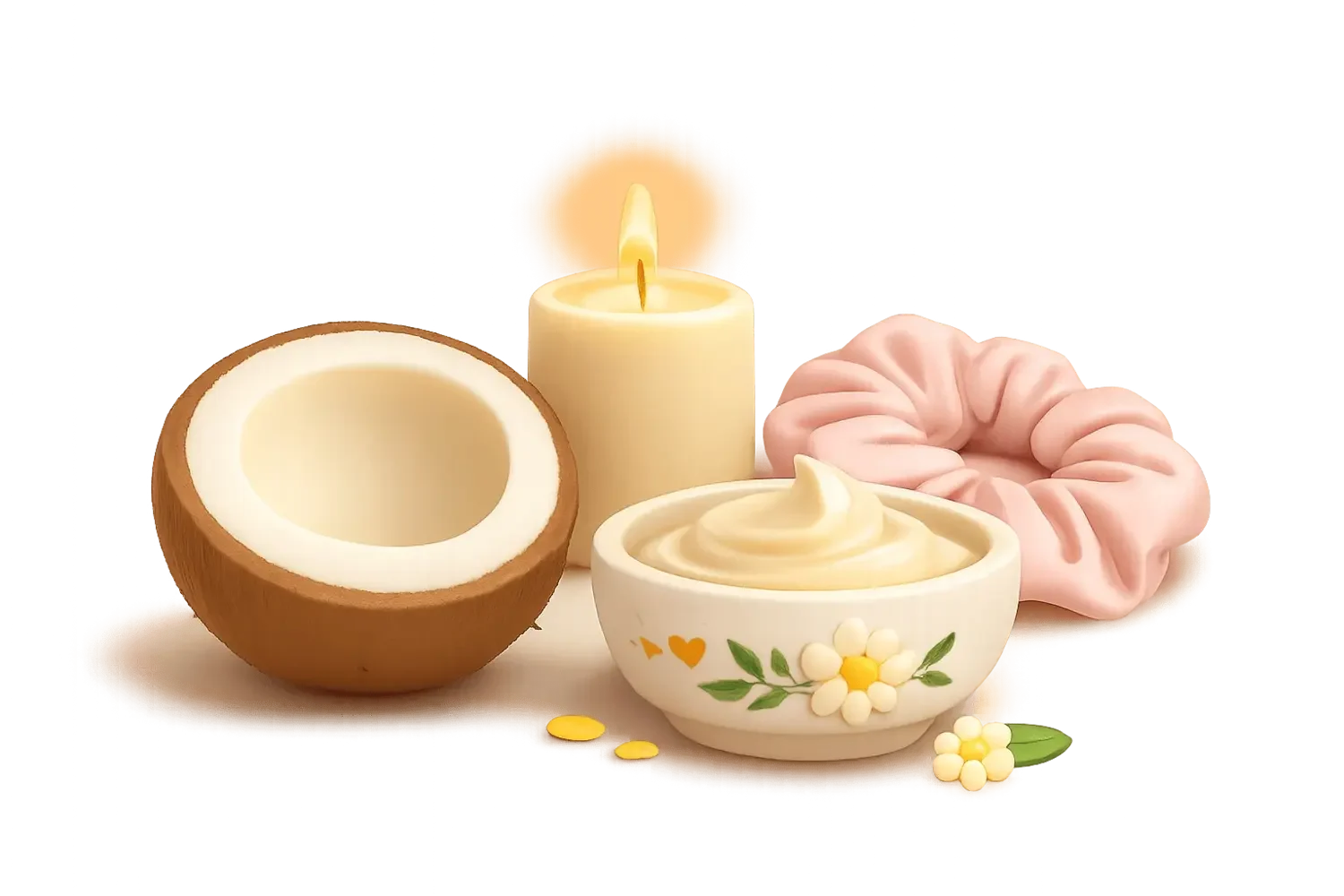 An arrangement of spa or self-care items includes a halved coconut with white flesh, a burning candle, a bowl of creamy lotion with a floral design, a pink scrunchie, and a pink towel, set on a neutral fabric surface.