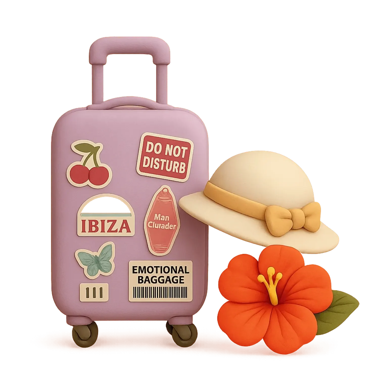 A purple suitcase decorated with stickers, a wide-brimmed hat with a ribbon, and an orange hibiscus flower.