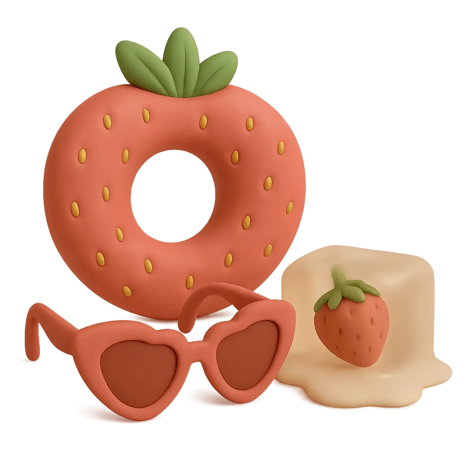 A pink donut with yellow sprinkles and green leaves on top, heart-shaped pink sunglasses with brown lenses, and a white block with a small strawberry decoration.
