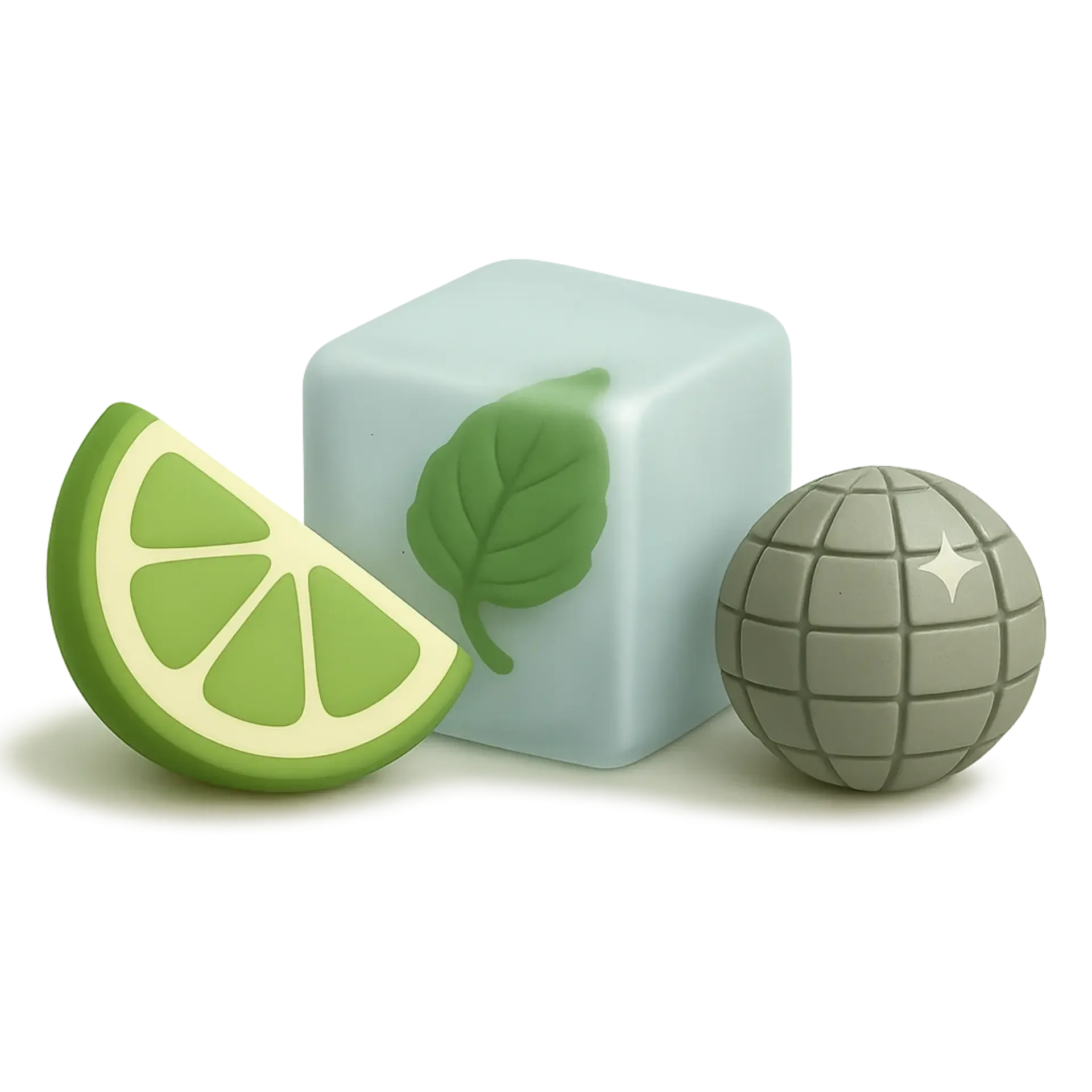 Set of three soap or cosmetic objects: a green lemon slice, a white cube with a green leaf design, and a gray sphere with grid pattern and star reflection.