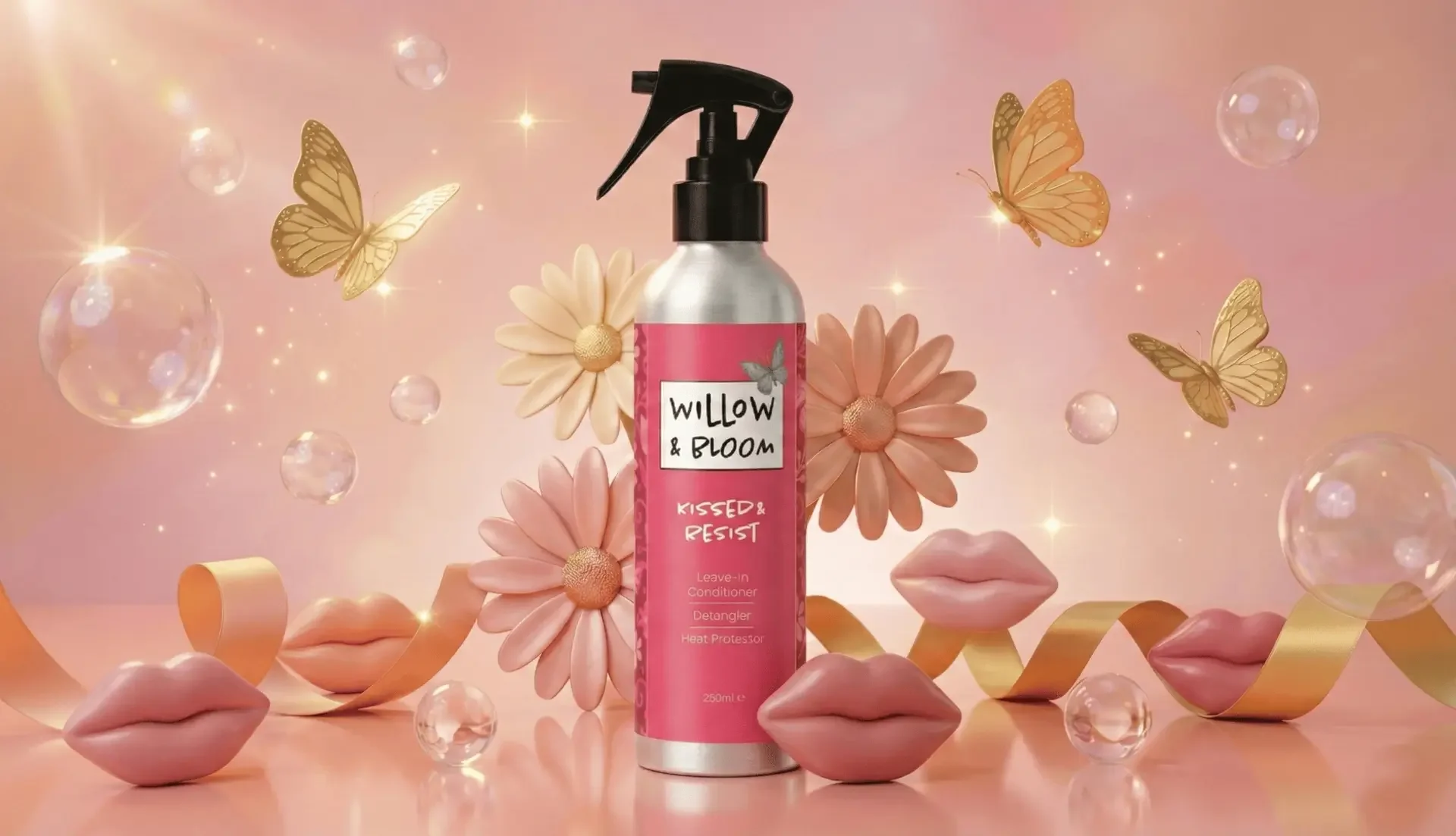 A bottle of Willow & Bloom Kissed & Resist leave-in conditioner with a pink label, surrounded by pink and white flowers, pink lips, golden butterflies, and floating bubbles against a pink background.