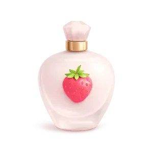 A white perfume bottle with a pink strawberry design and a gold neck, topped with a fluffy pink cap.