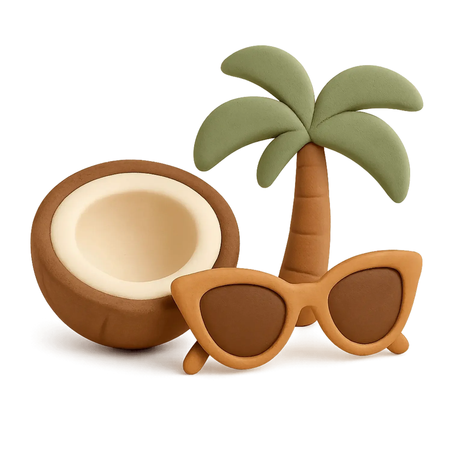 Toy coconut, toy palm tree, and toy sunglasses, all made of soft material, arranged together.