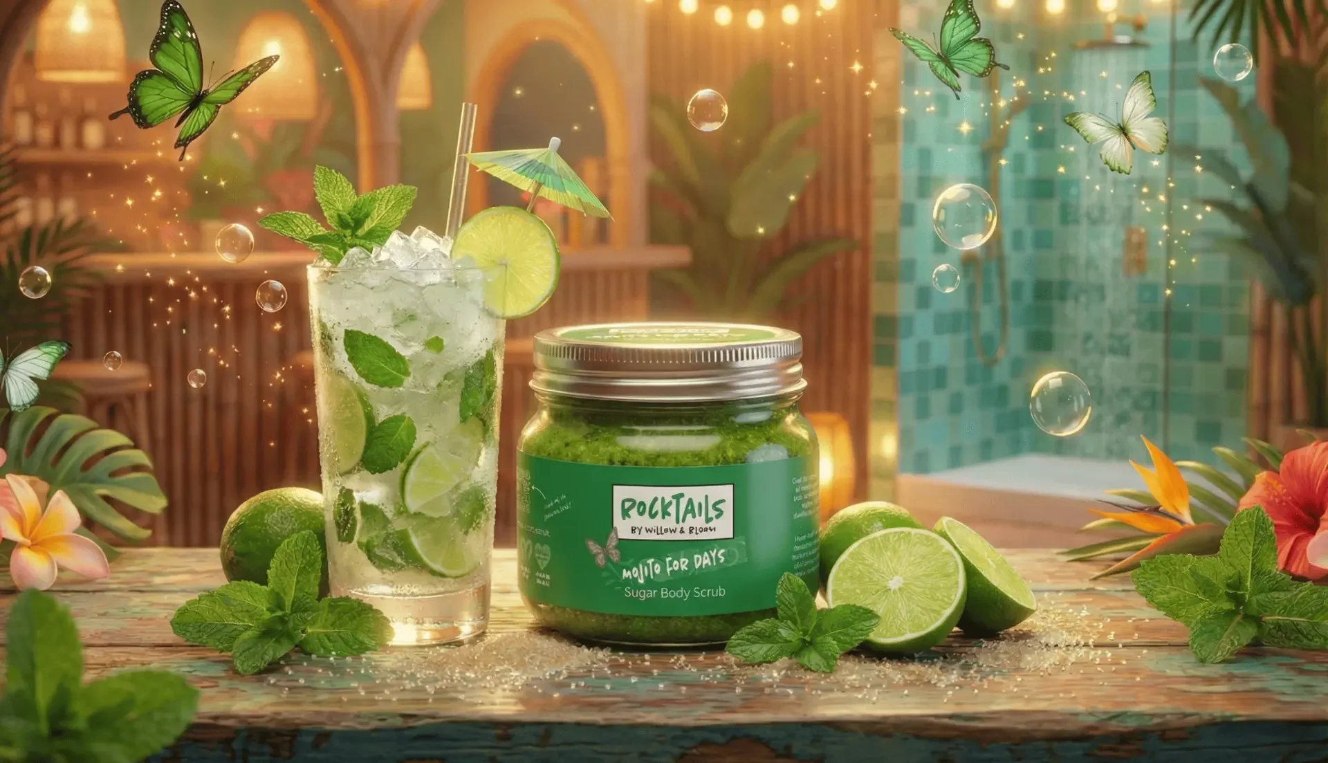 A tropical setting with a refreshing mojito cocktail garnished with mint, lime slices, and a mini umbrella, surrounded by fresh limes, mint leaves, and hibiscus flowers, with a jar labeled 'Rocktails Mojito for Days' in the foreground and a spa or pool area in the background.