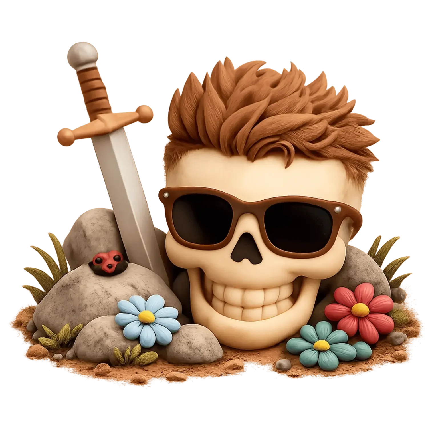 A decorative skull with a human hairstyle, sunglasses, surrounded by colorful flowers, rocks, and a sword.