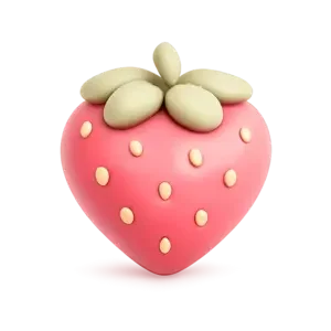 Decorative strawberry-shaped object with pink surface, white seed-like dots, and white leaf-like structures on top.