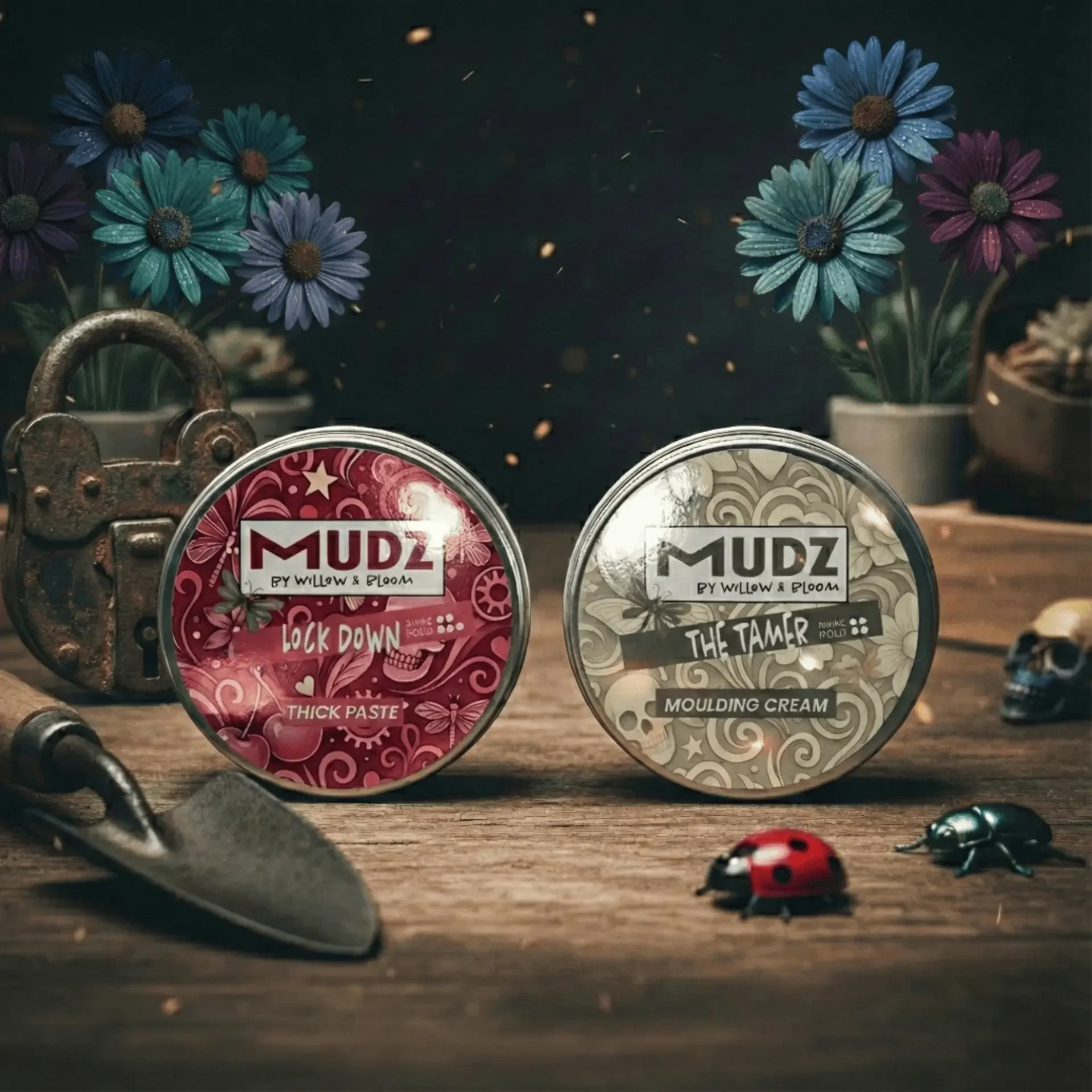 Two tins of MUDZ by Willow & Bloom hair styling products on a wooden surface, with a background of purple and blue flowers in pots, a rusty lock, small decorative insects, and a skull.