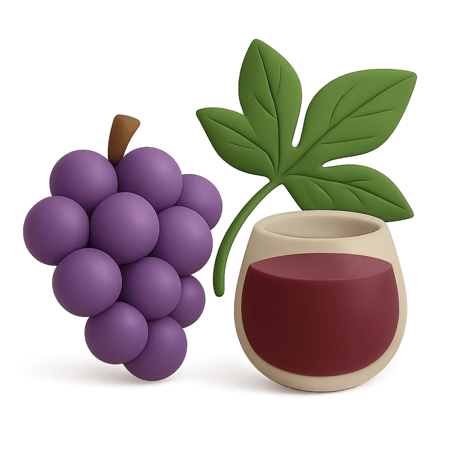 A set of purple grapes, a large green leaf, and an empty red and cream-colored ceramic cup or vase.