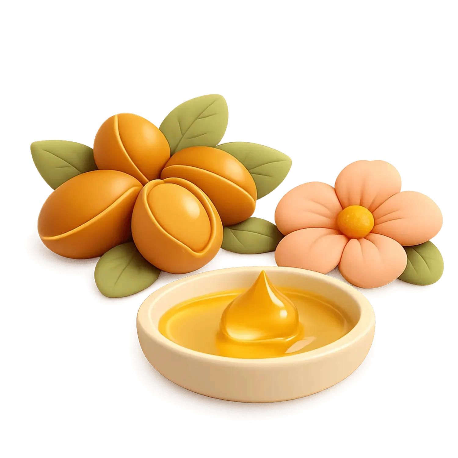Decorative items including a bowl of yellow substance, likely honey or butter, surrounded by plastic or clay flowers and leaves, with a cluster of apricot-colored fruits.