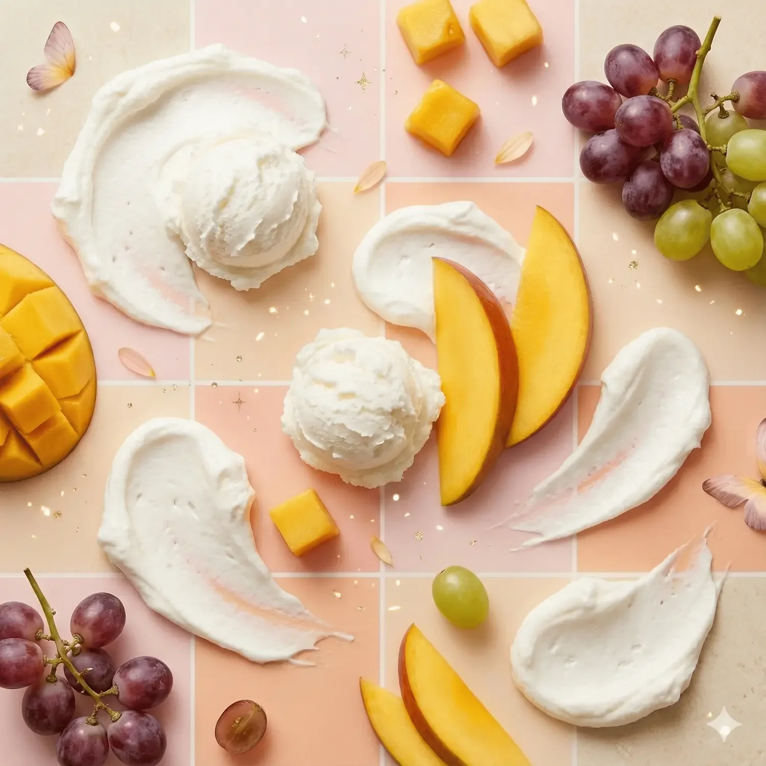 Sweet dessert with lychee, sliced mango, grapes, and whipped cream on a pink tiled surface.