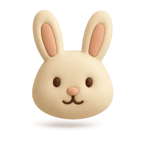 A cute bunny-shaped object with large ears, dark eyes, a small nose, and a simple mouth, resembling a cartoon or plush toy.