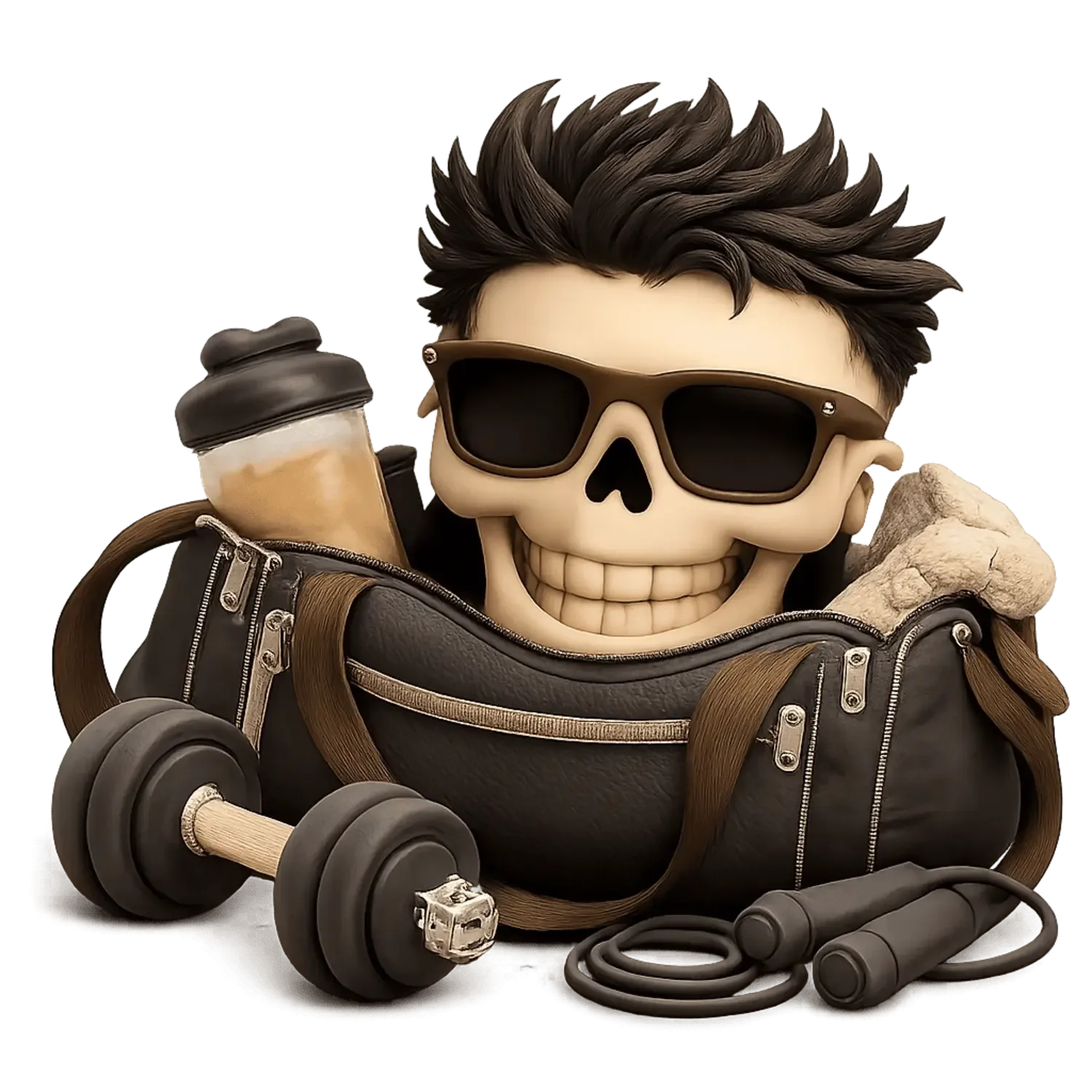 Decorative skull with sunglasses, surrounded by a gym bag, dumbbells, jump rope, and a protein shake, reflecting a fitness theme.