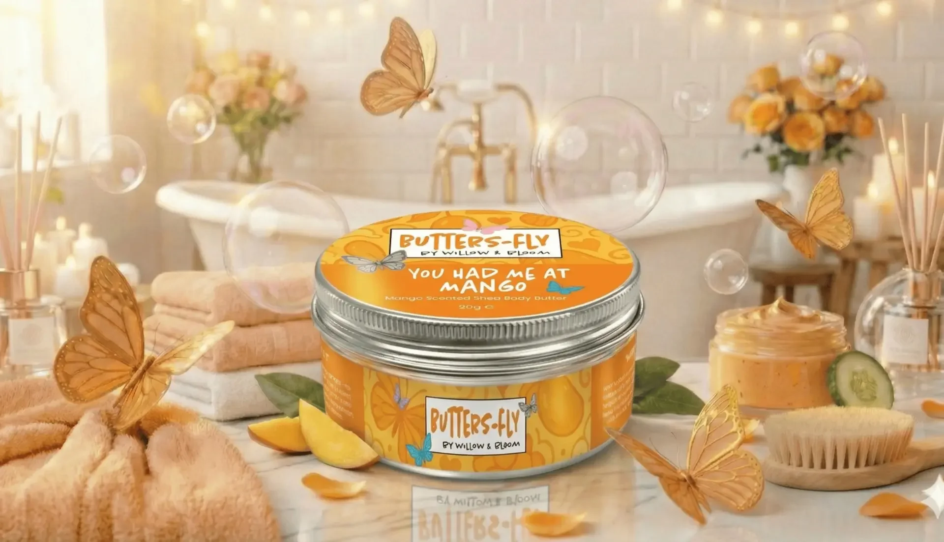 A bathroom scene with a jar of Mango Scented Shea Body Butter labeled "Butters-Fly by Willow & Bloom" on a wooden surface, surrounded by towels, slices of mango, and orange butterflies. In the background are a bathtub, a bouquet of roses, and bathroom essentials, all illuminated with warm lighting.