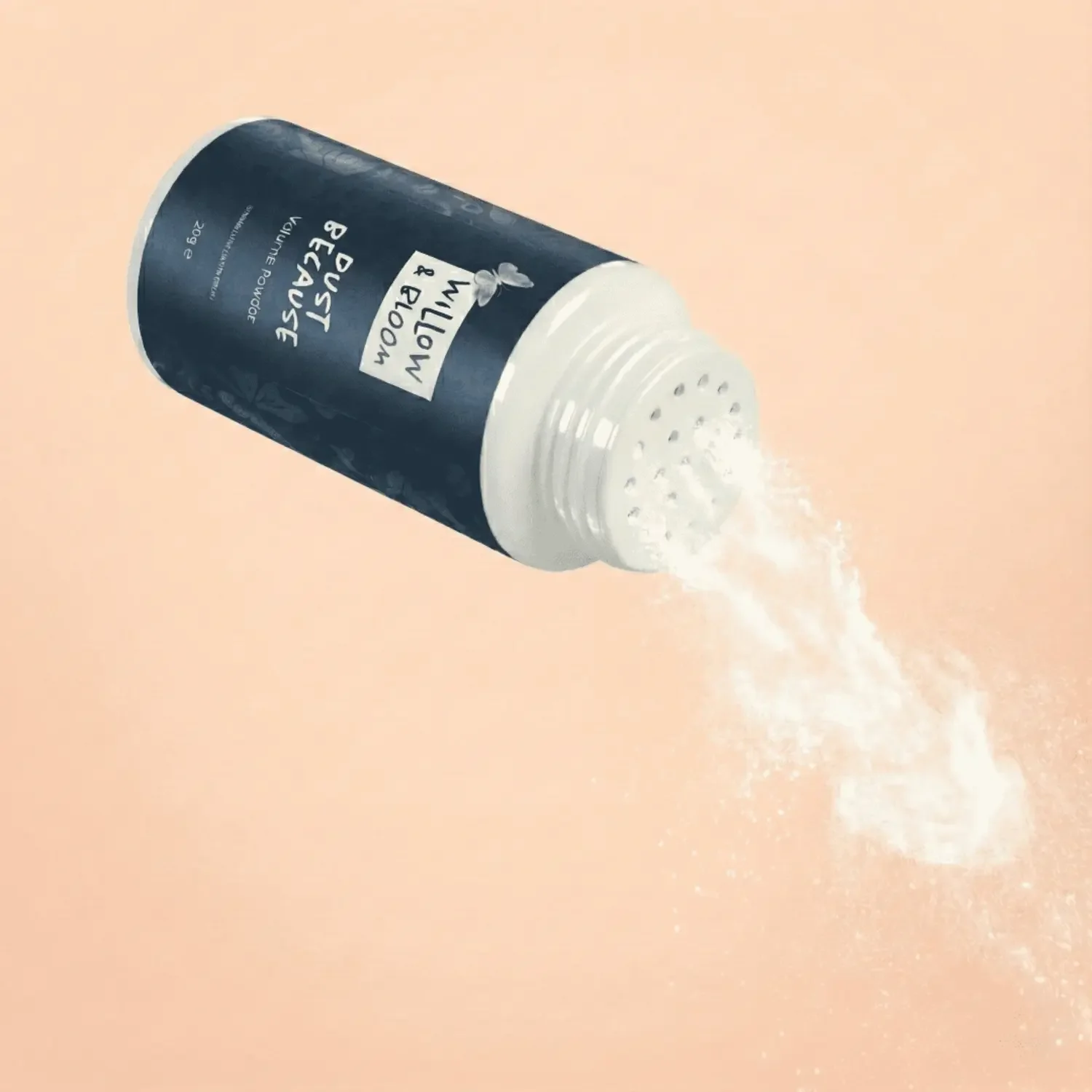 A cylindrical container labeled 'Willow & Roo' with 'Salon & Face' and 'Beauty Powder' on it, tilted as white powder spills out onto a light pink background.