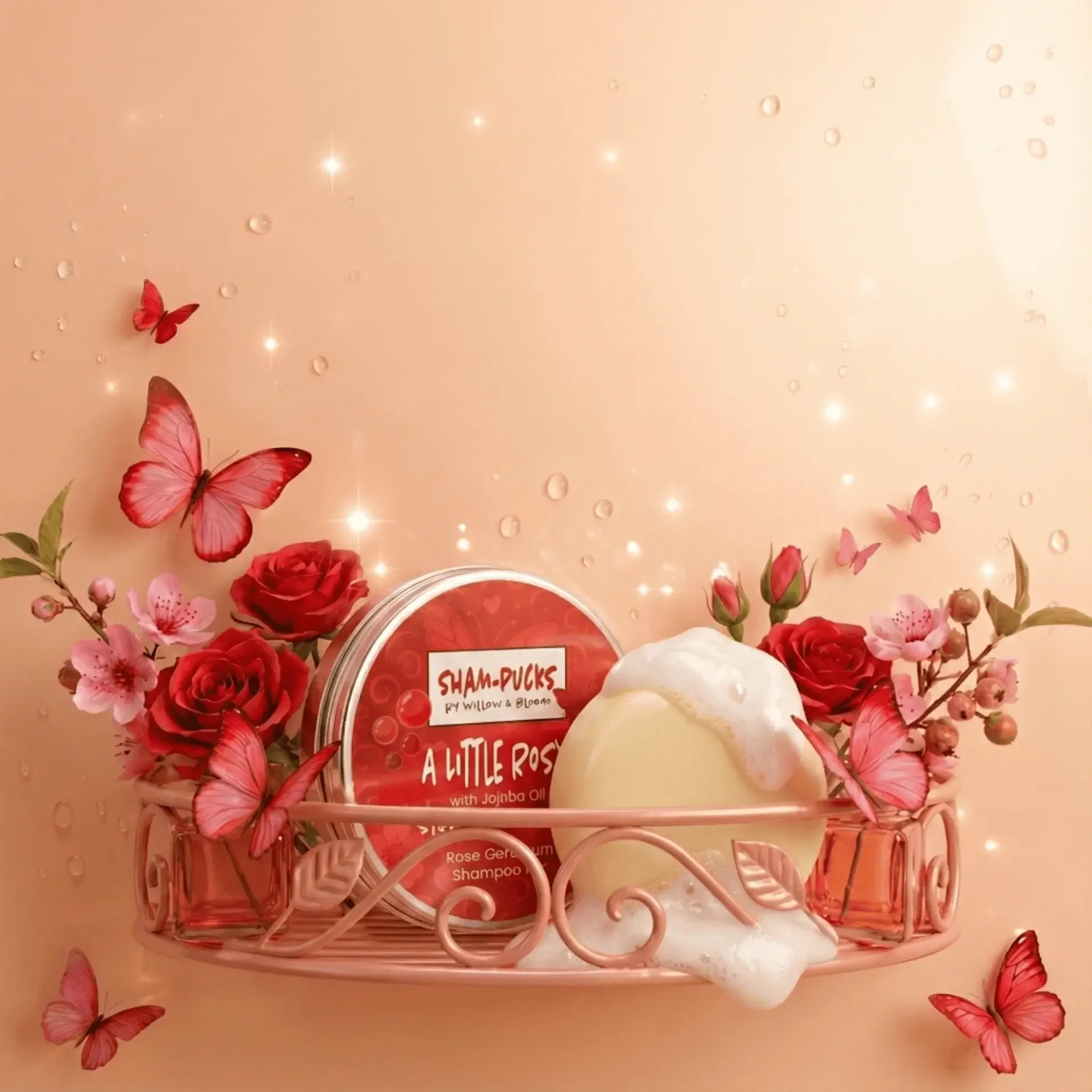 Pink shelf with rose-themed shampoo and soap, pink roses, and pink butterflies on a pink background.