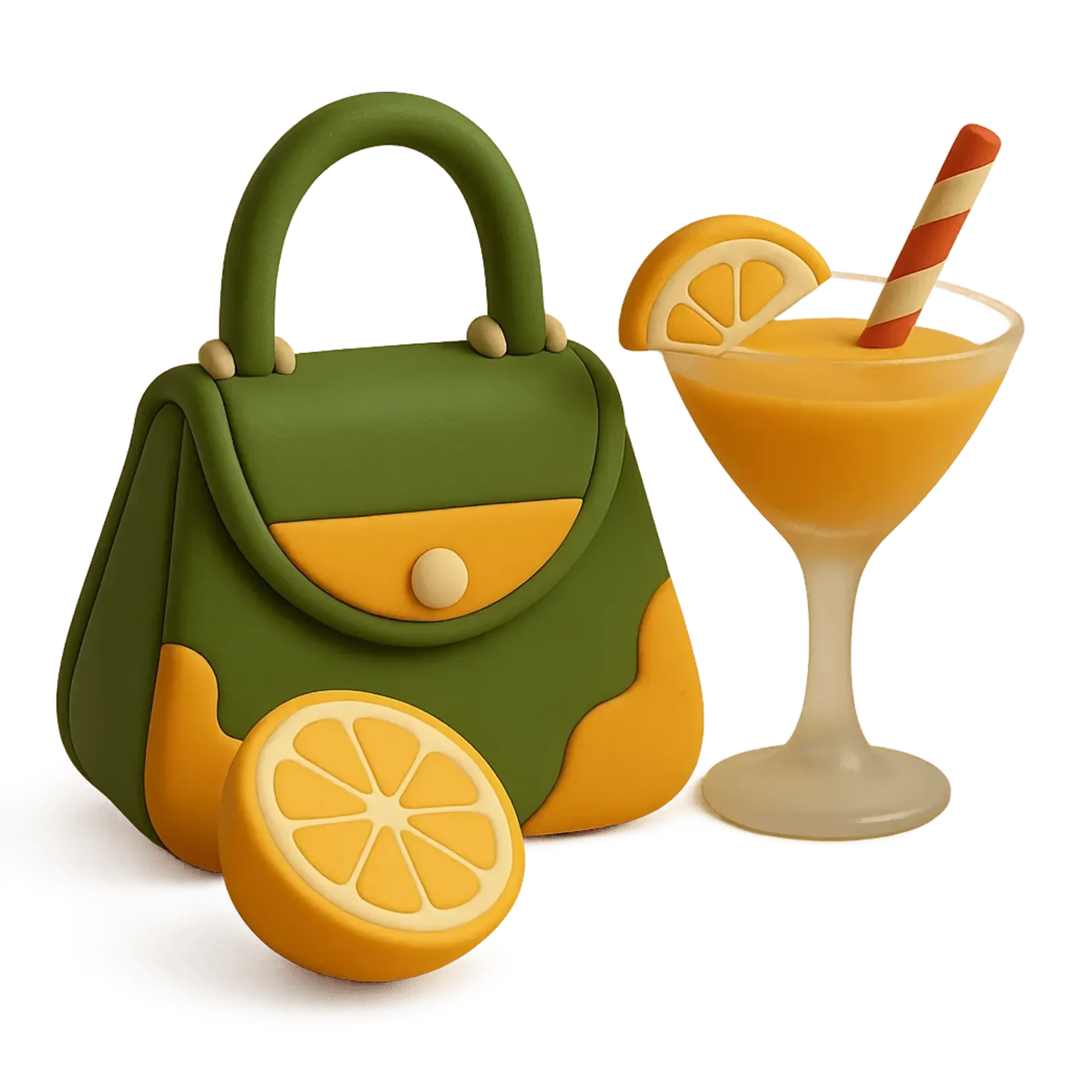 A handbag and a cocktail glass with lemon slices and a straw, all made of colorful polymer clay resembling fruit-themed accessories and drinks.
