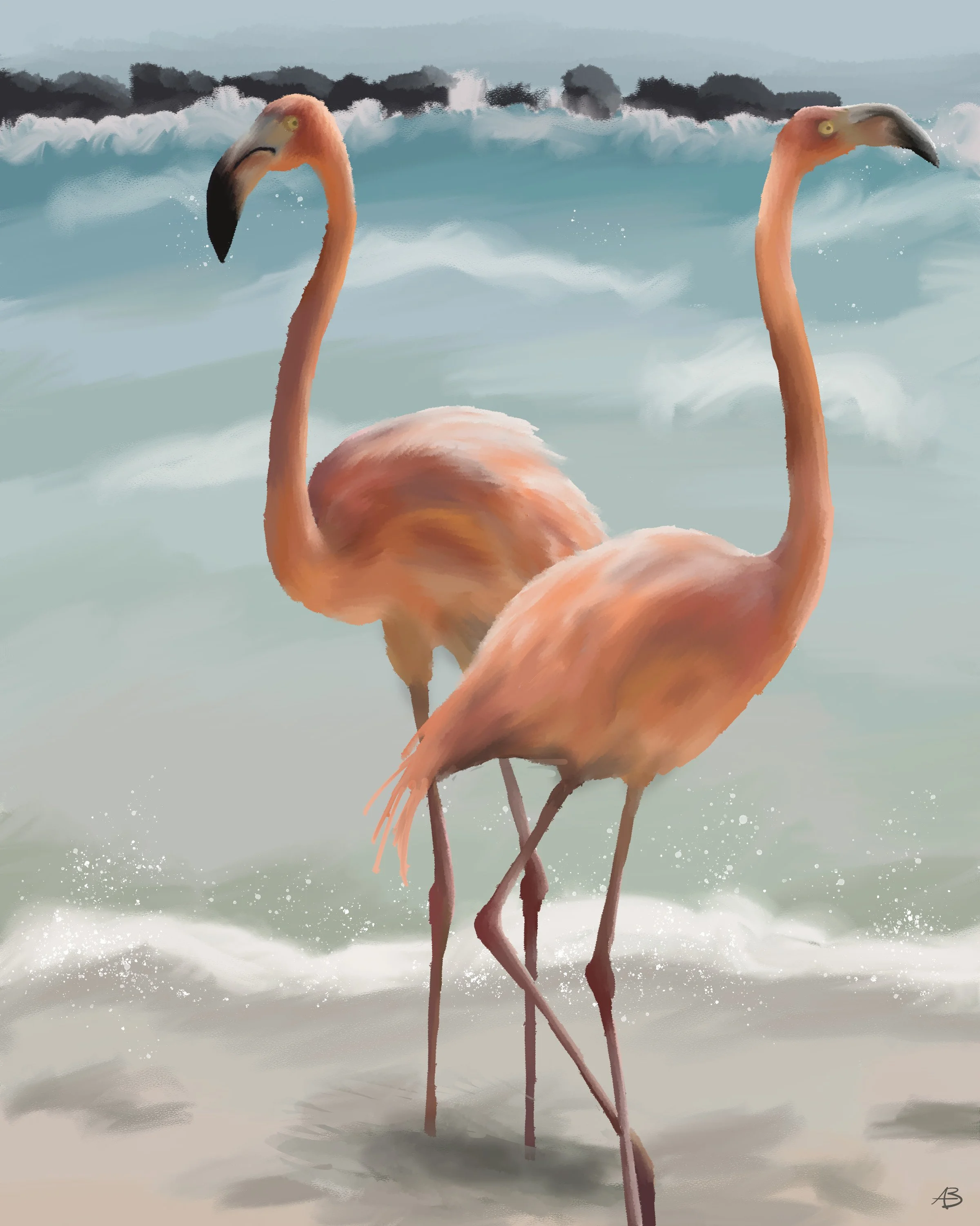 Flamingos Beachside Art Print