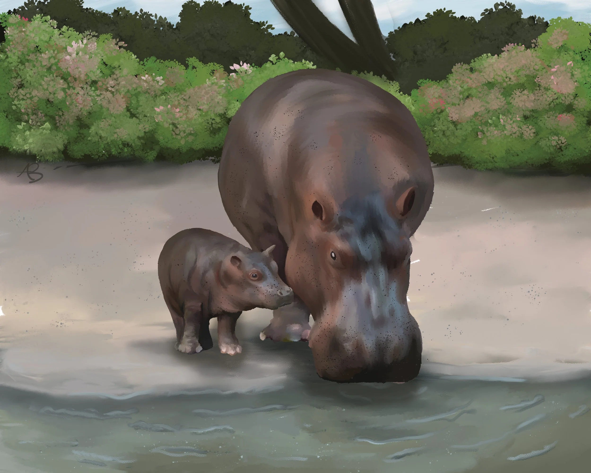 Hippos Landscape Art Print