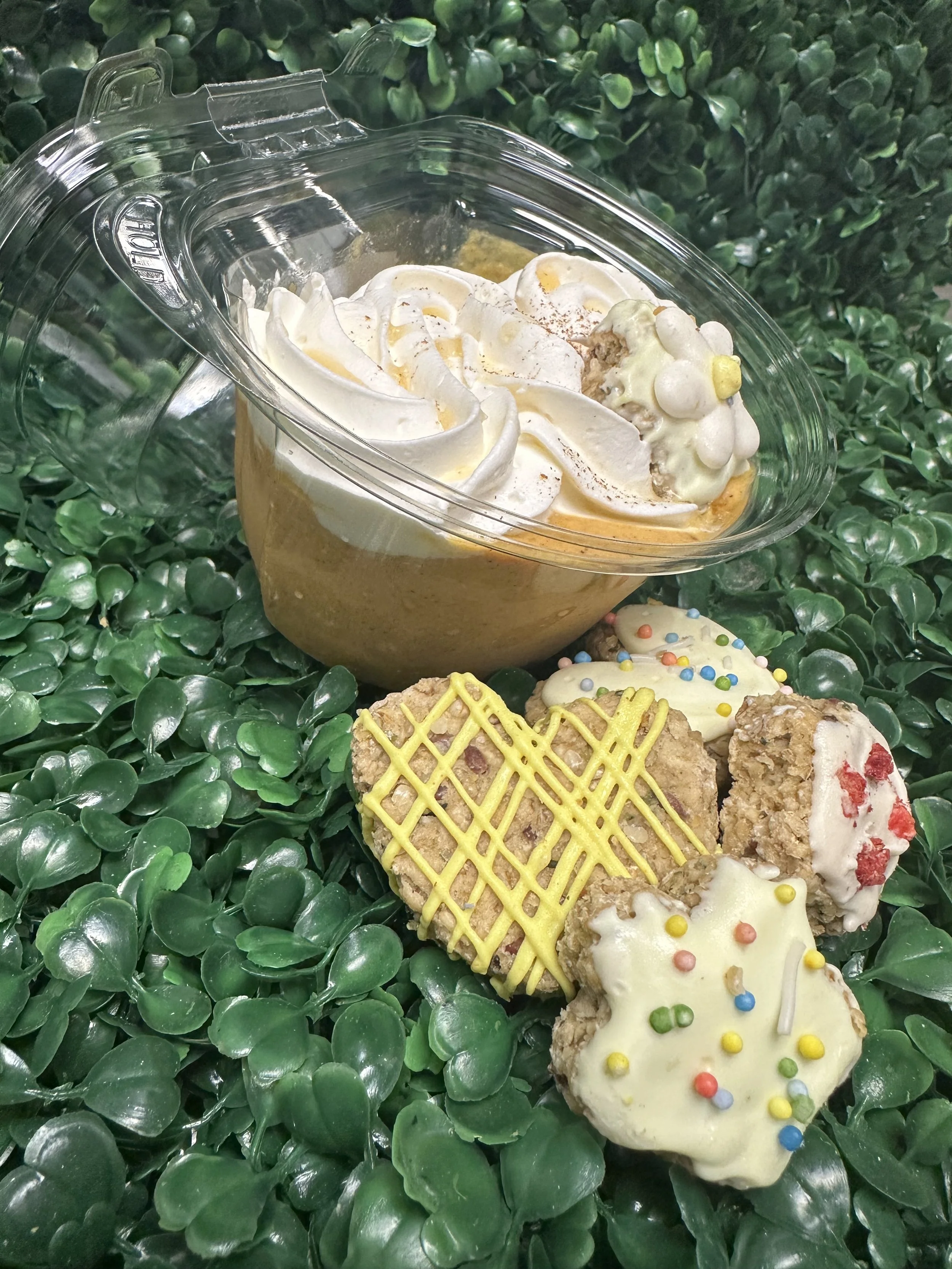 Dessert with whipped cream in a plastic container, surrounded by decorative cookies on leafy background.