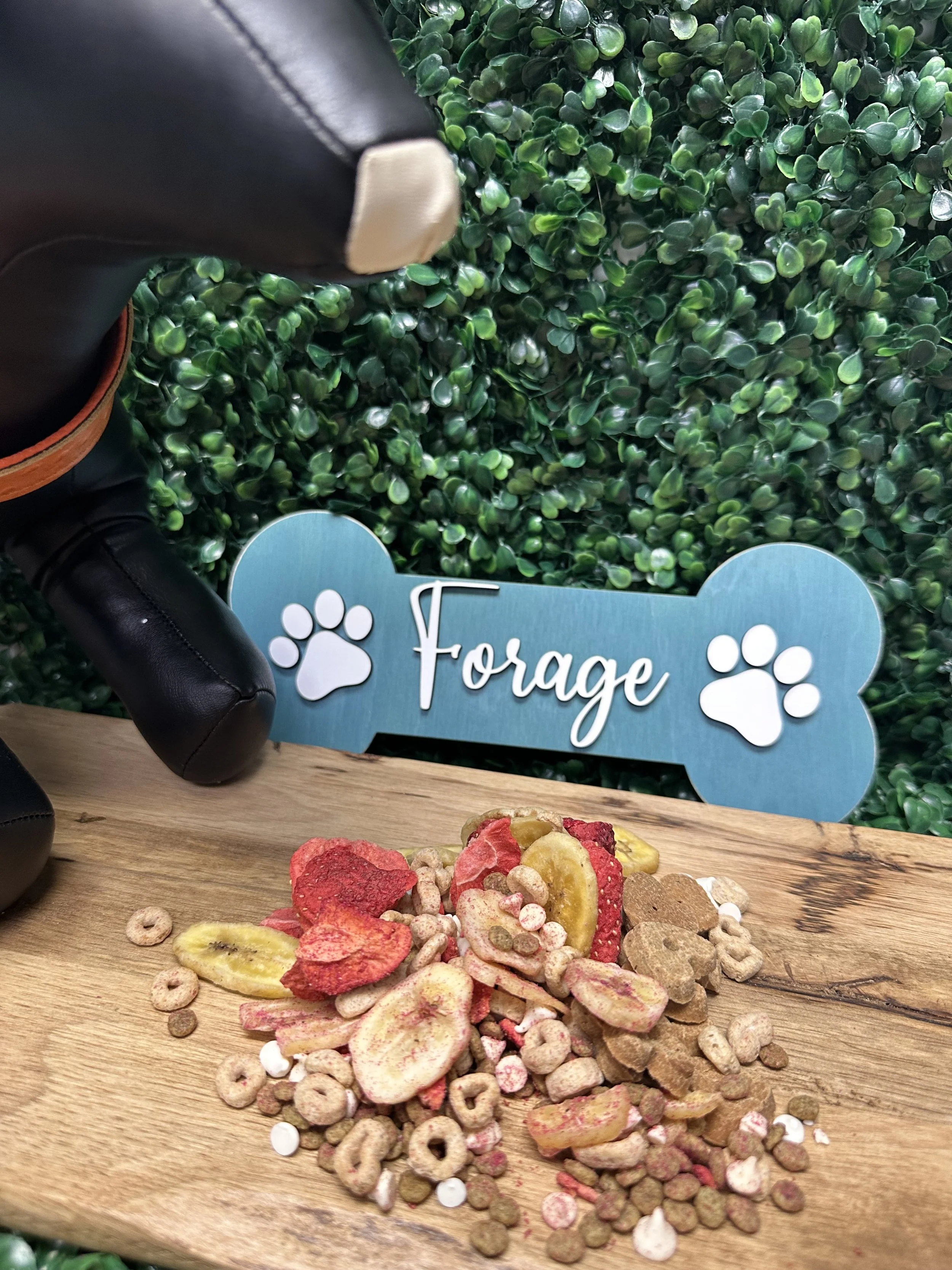 A dog mannequin with a leather collar is standing near a pile of dog snacks, including dried banana slices, strawberries, and cereal pieces, placed on a wooden surface. A sign shaped like a bone with the word 'Forage' and two paw prints is visible in