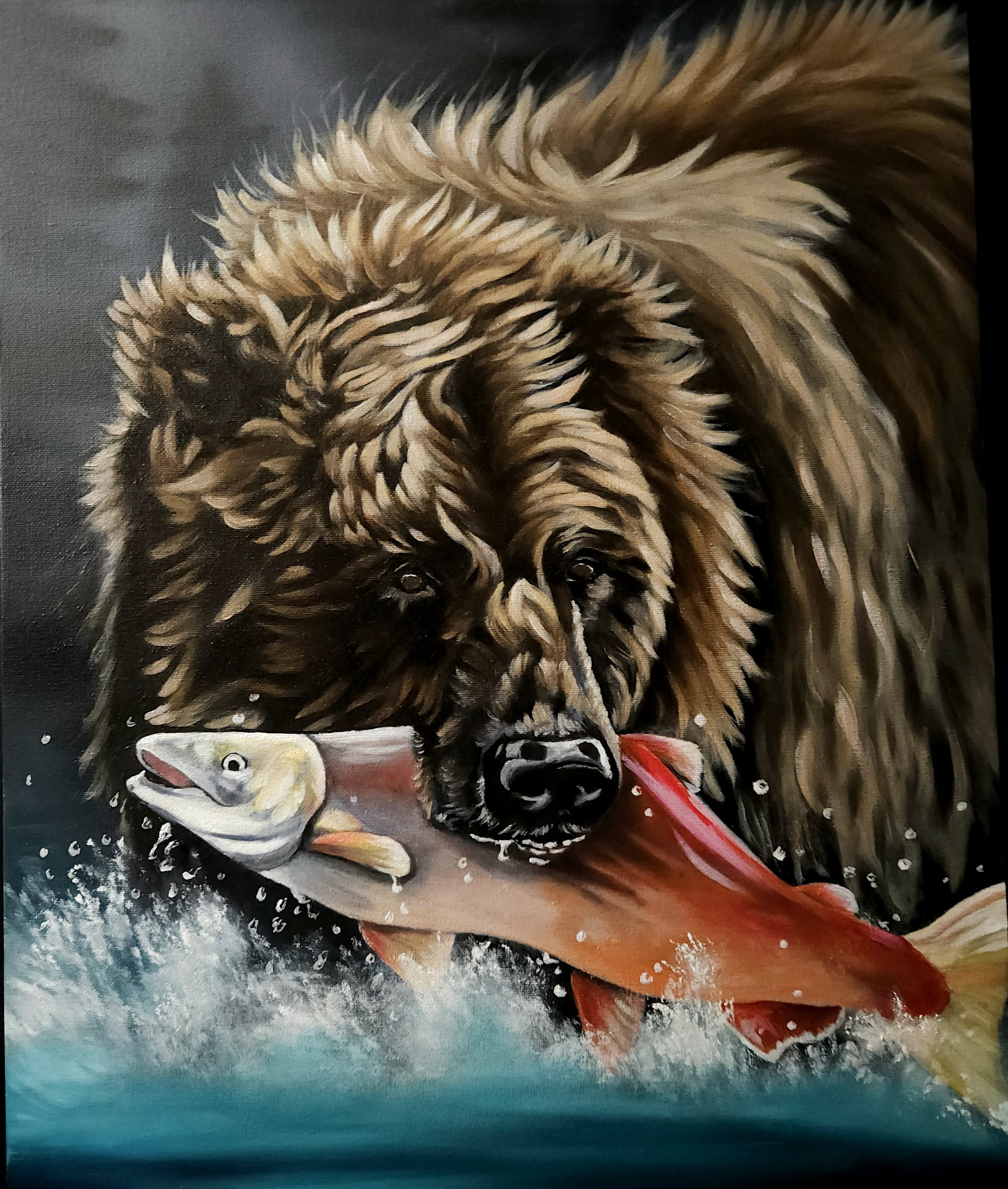 grizzly bear with a salmon oil painting by Canadian artist