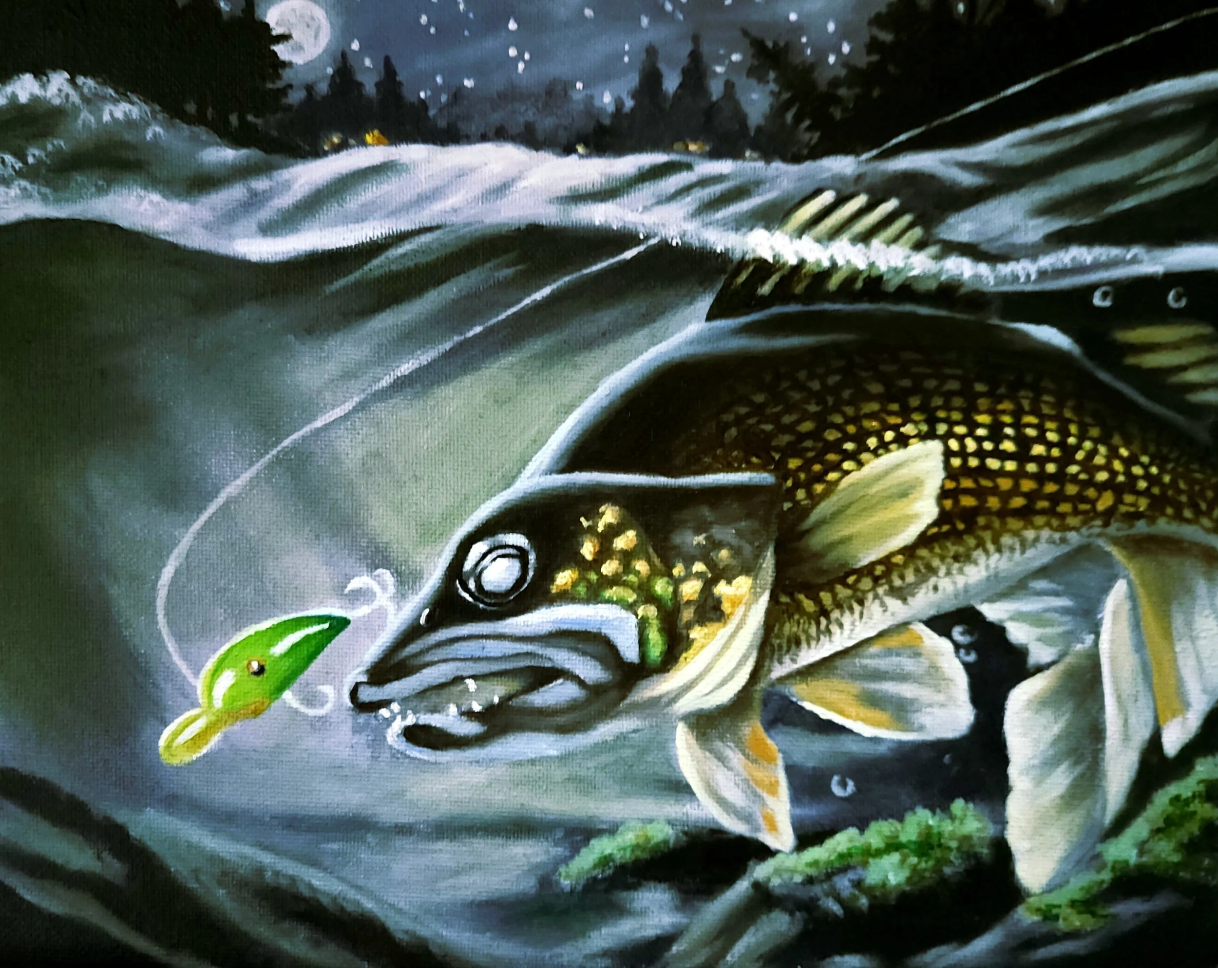pickerel fishing under the moonlight oil painting by Canadian artist