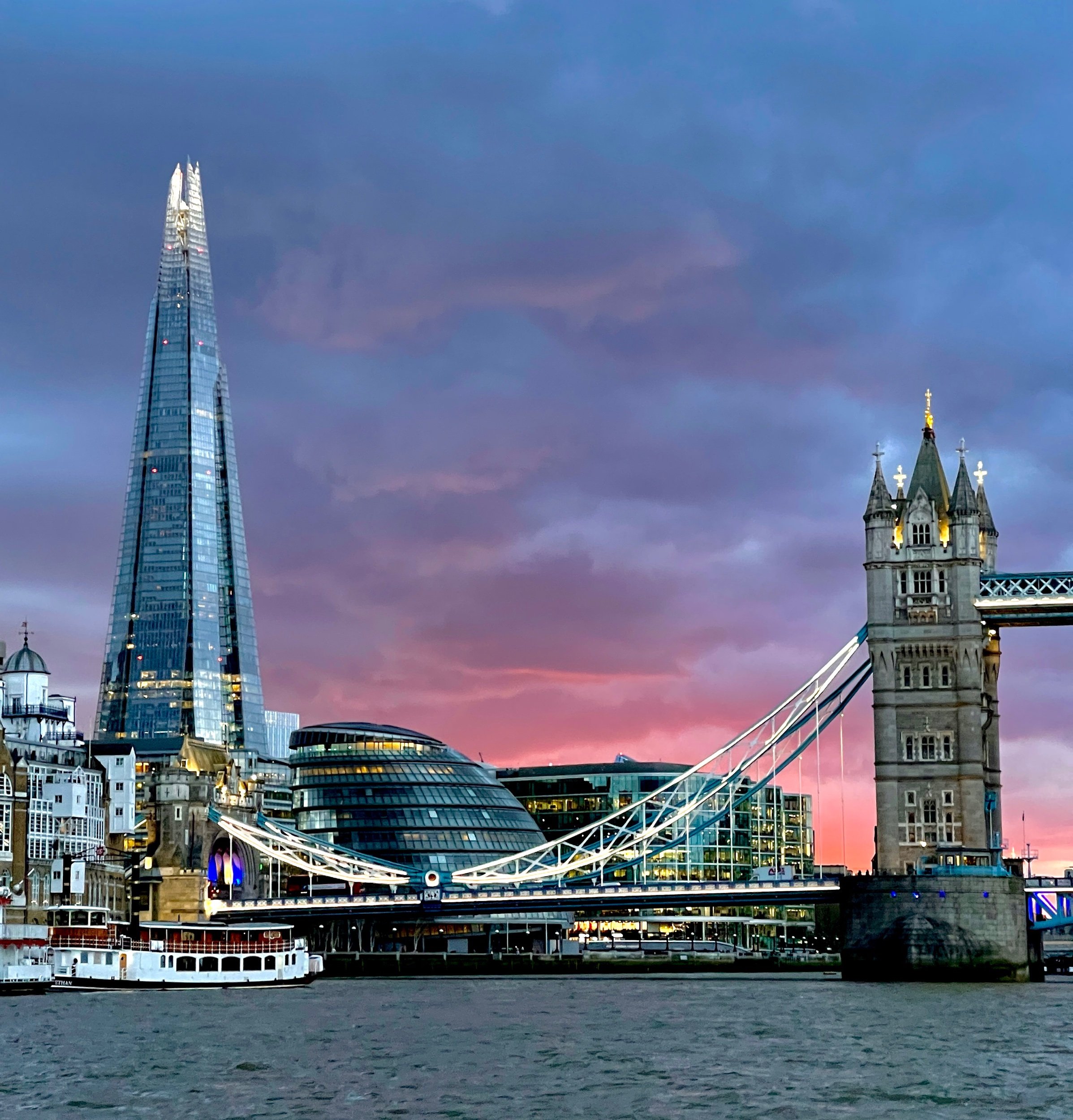 The Shard and Tower Bridge at sunset.