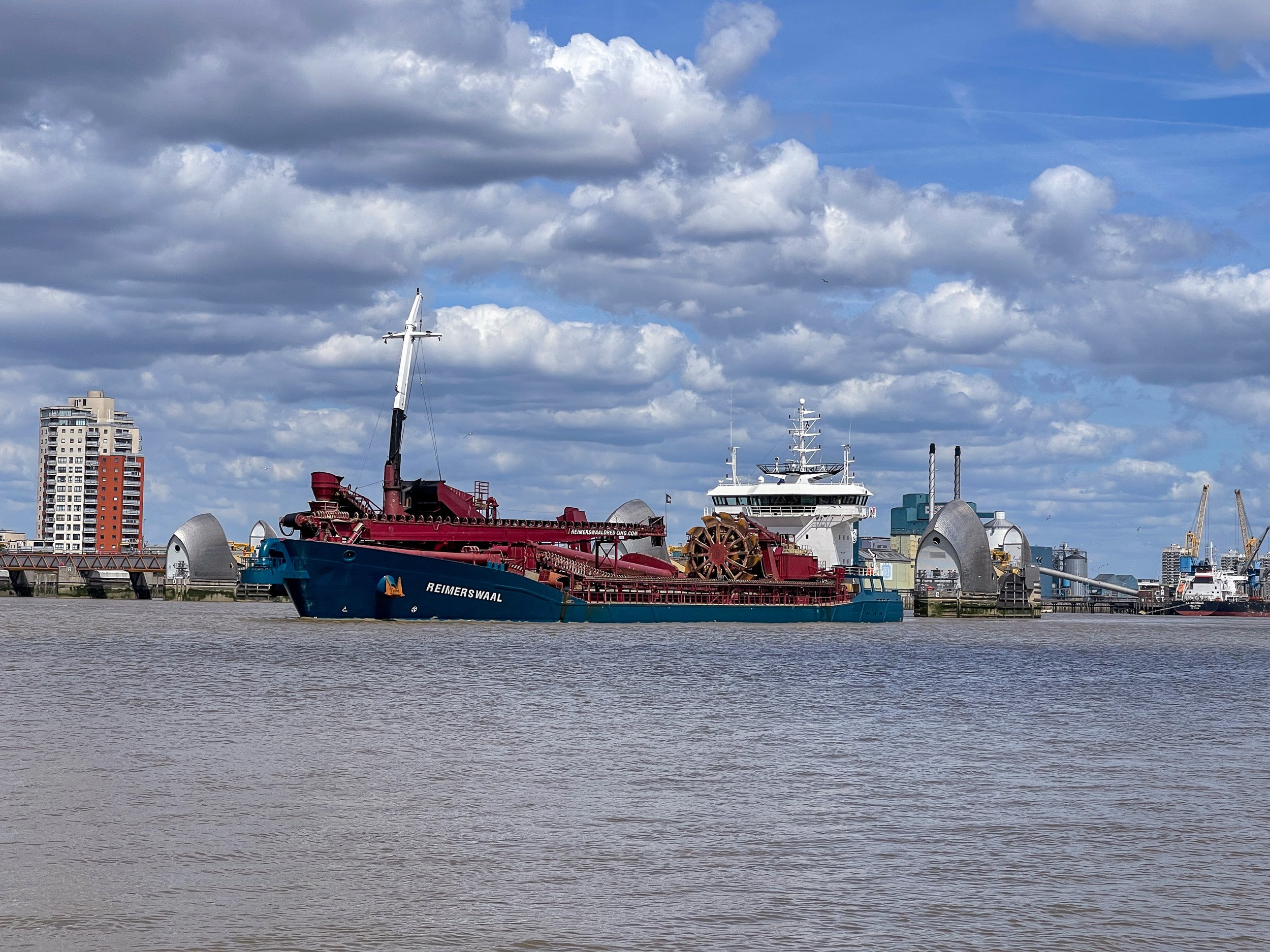 Large Dredging ship the Reimerswaal crossing the Thames Barrier