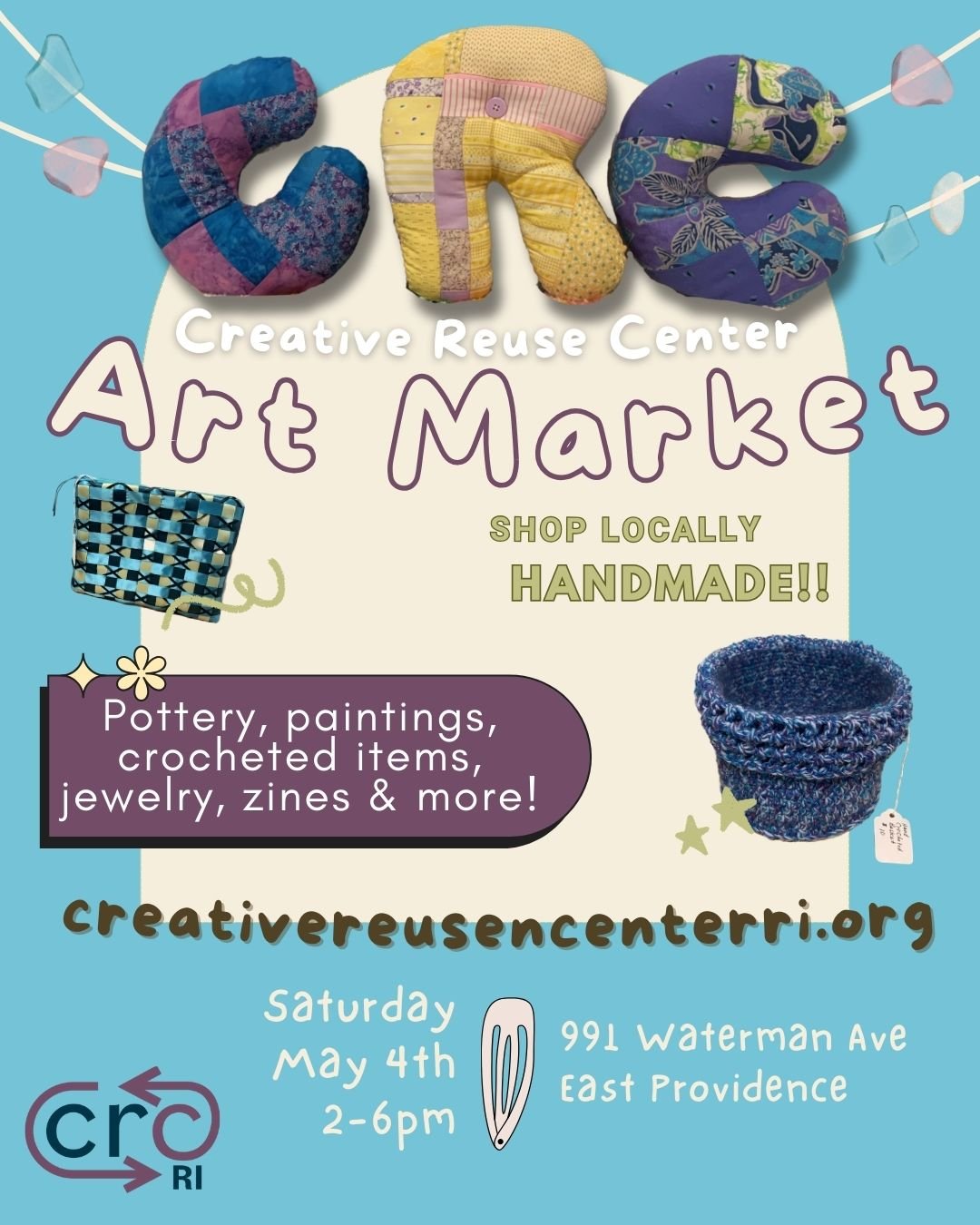 Mark Your Calendars! The CRC Art Market is coming up soon! 

May 4th from 2-6pm.

Come out and support members of the CRC Community and purchase handmade items.

Perfect gifts for mother's day!

Some items include: Crocheted flower bouquets, prints, 