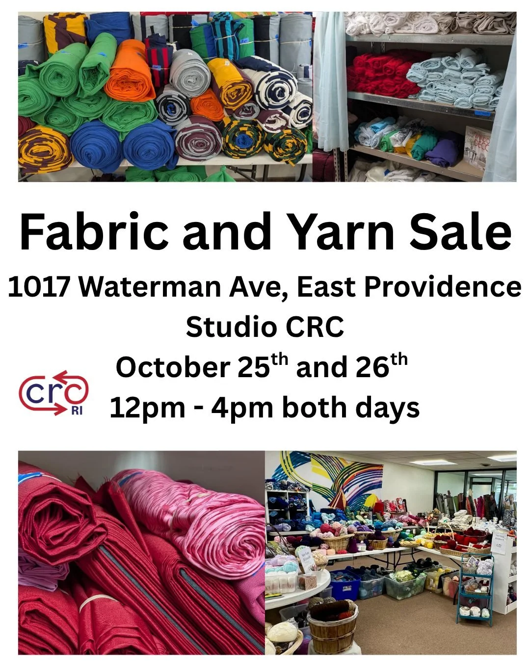 We can't wait to see you in one week at our Fabric and Yarn Sale.

It will be on Saturday, October 25th and Sunday, October 26th from 12 - 4pm both days.

See you then!