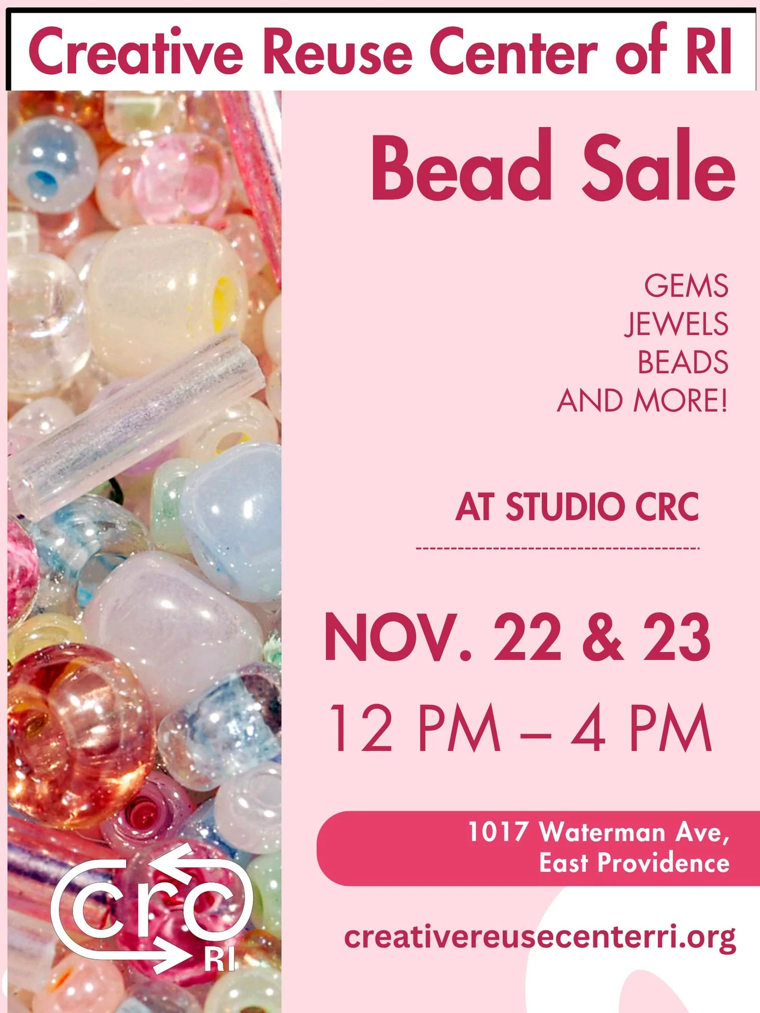 We can't wait to see you in two weeks at our Bead Sale on November 22nd and 23rd from 12pm-4pm at Studio CRC (located one block from CRC at 1017 Waterman Ave, East Providence).