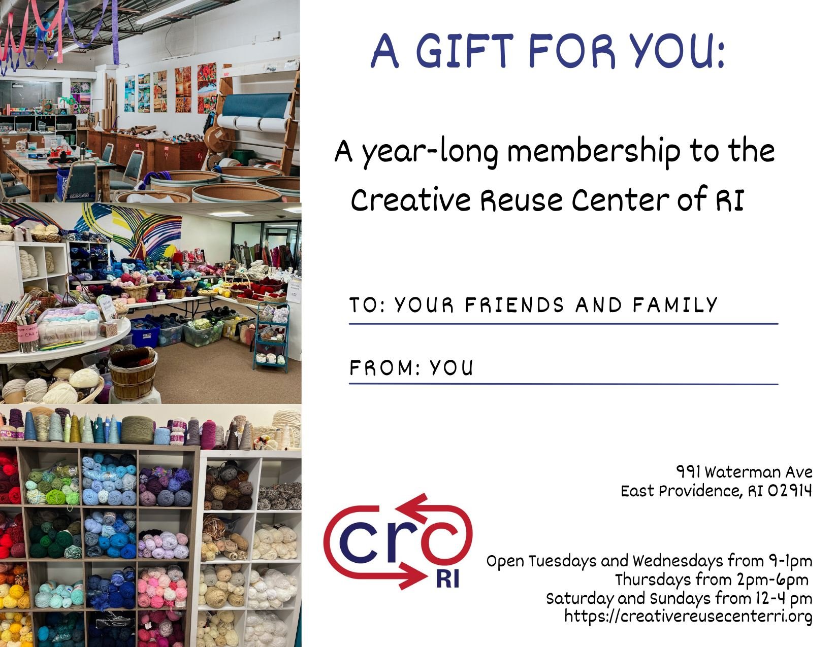 Hi friends!

Just a little reminder that we offer gift certificates in any amount! Just email us at admin@CreativeReuseCenterRI.org and we will make it happen!

Thanks for your support🥰