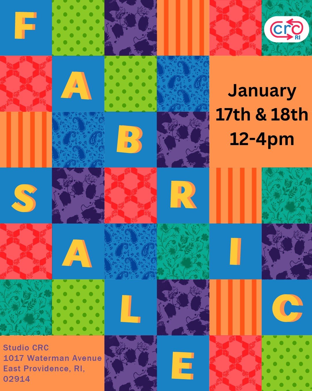 See you this weekend at our Fabric Sale! The sale is on January 17th &amp; 18th from 12:00pm-4:00pm at Studio CRC, 1017 Waterman Ave.

The sale will highlight quilting and upholstery fabric and even some yarn!