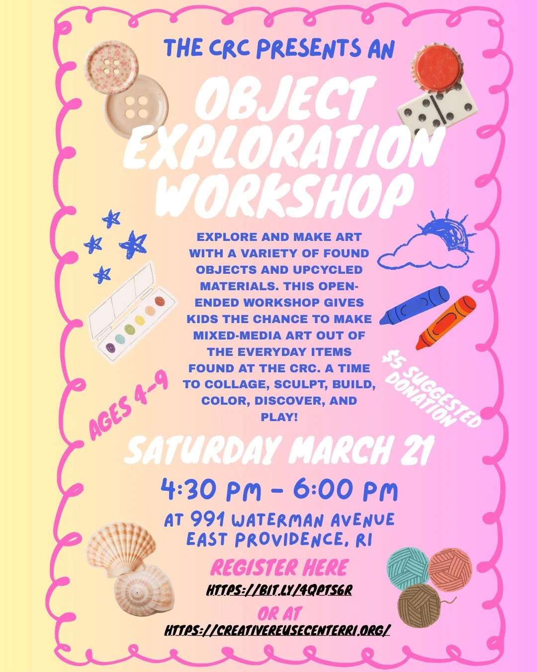 While many of us are stuck at home because of the snow, we thought it might cheer you up to see some of the exciting programs we have planned for March!!

More info and sign ups at https://creativereusecenterri.org/workshops