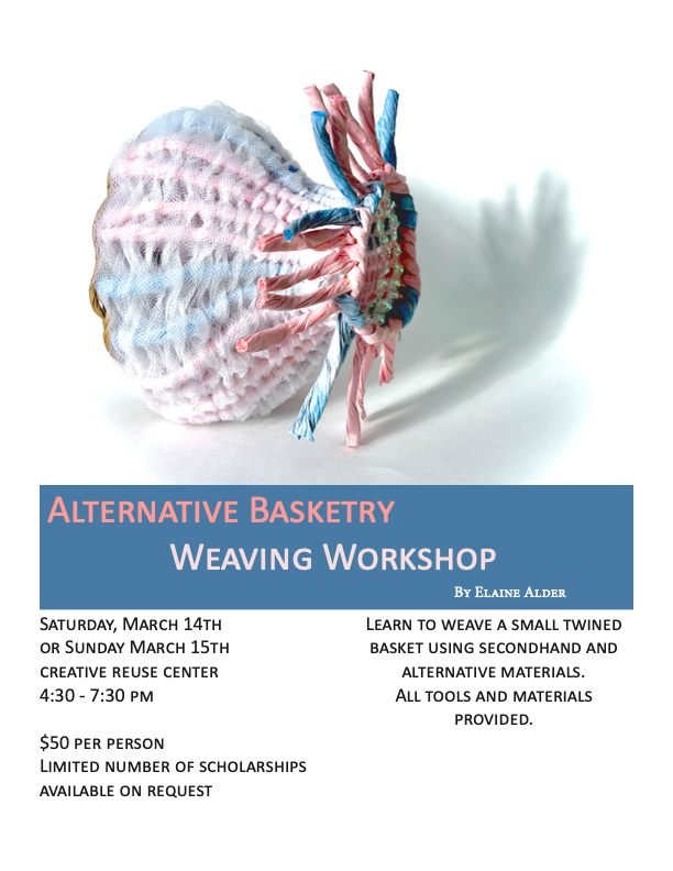 Learn to weave a small basket from secondhand materials during this three hour course with Elaine Alder. You will learn how to start a basket from the bottom, shape the sides, and finish the top edge of your basket. This course will focus on two stra