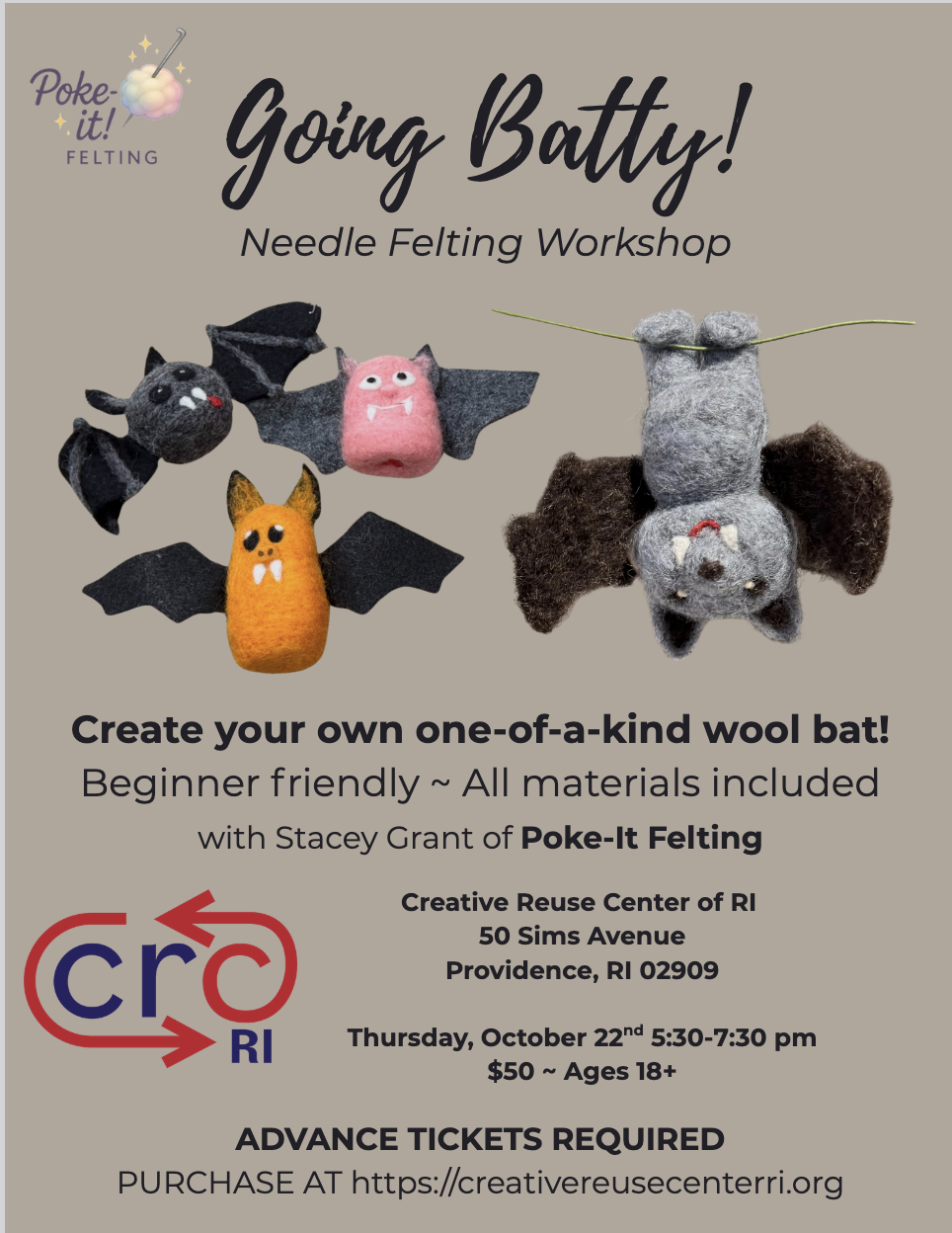 Going Batty! Needle Felting Workshop with Stacey Grant of Poke-It Felting