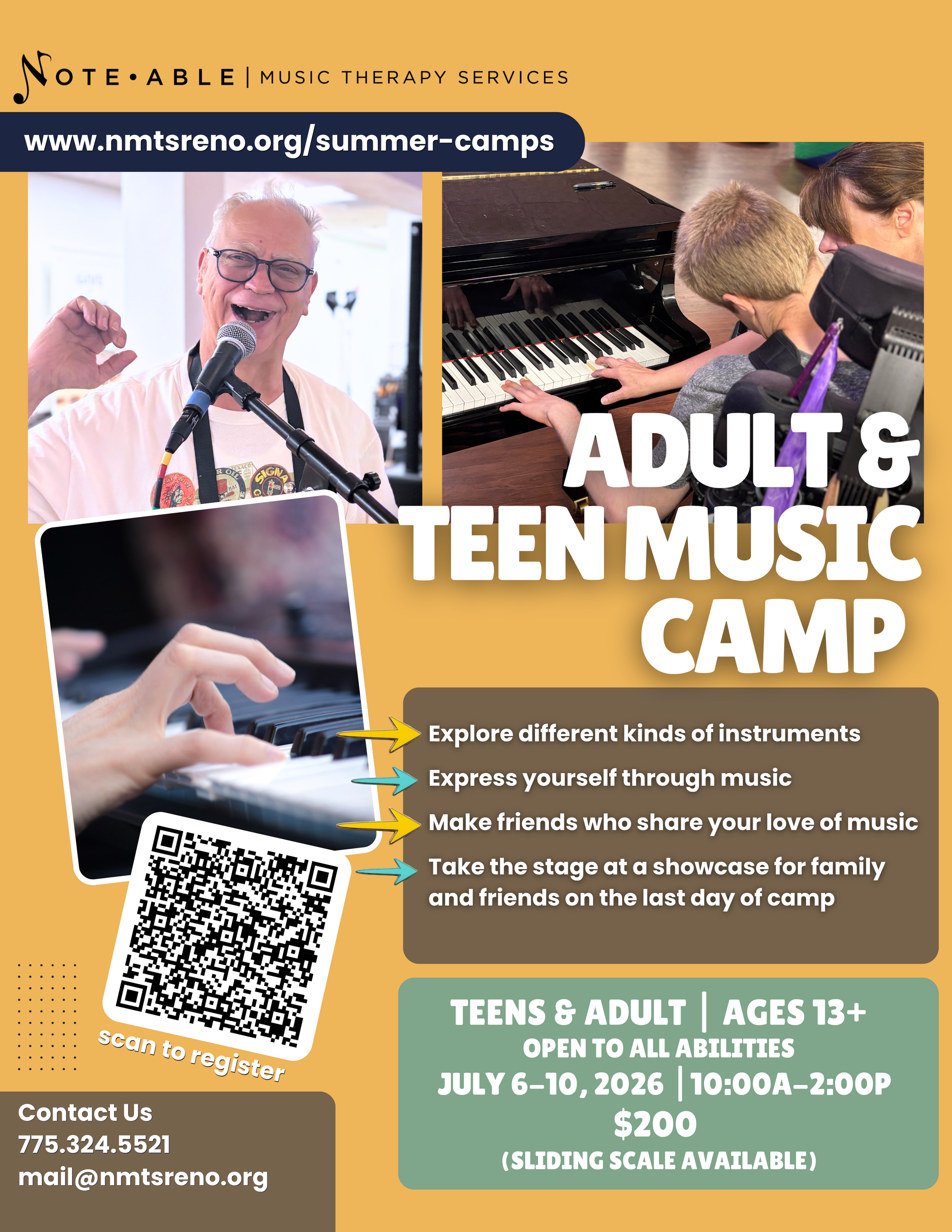Participants engaged in music activities. Flyer includes Adult & Teen Music Camp, ages 13+, July 6–10, 2026, $200, and registration QR code.