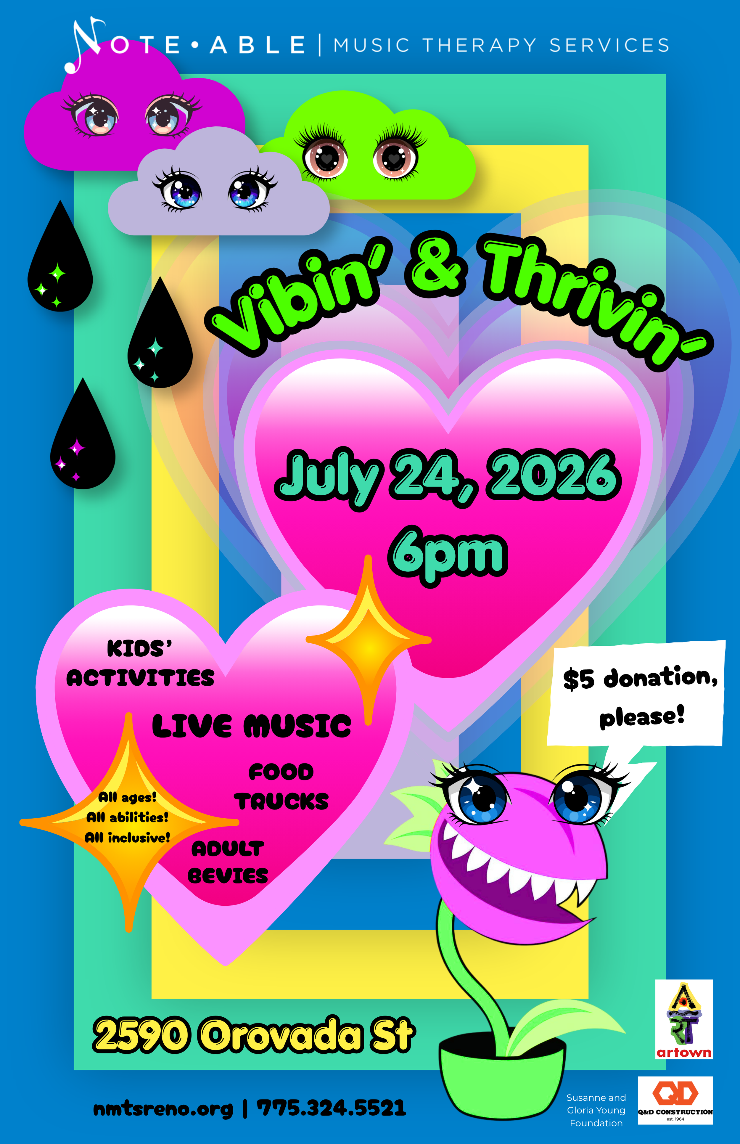 Colorful event poster for NMTS's Vibin' & Thrivin' Artown celebration featuring event details, playful graphics, and illustrations.