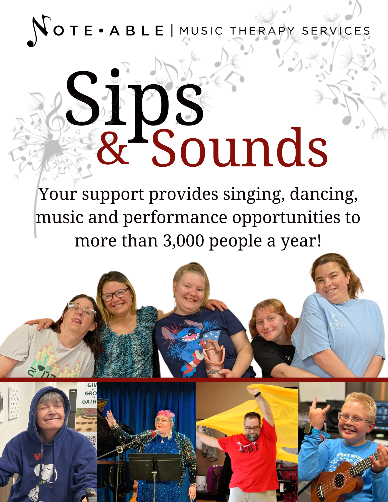 Promotional graphic for NMTS's Sips & Sounds fundraiser featuring participants and text about supporting music programs.