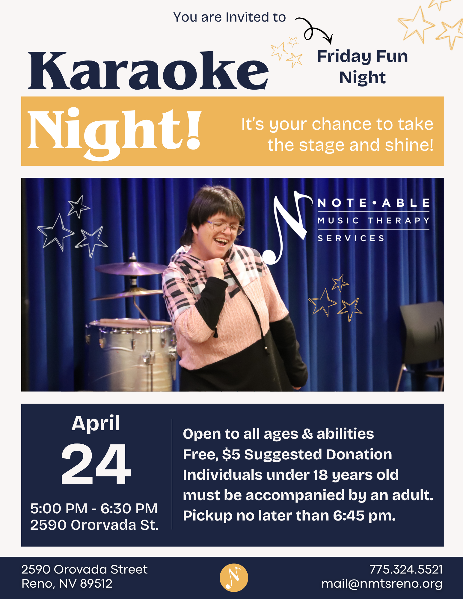 Flyer for NMTS Karaoke Night on April 24 from 5:00–6:30 PM at 2590 Orovada St. Open to all ages and abilities. Free with $5 suggested donation. Pickup by 6:45 PM.