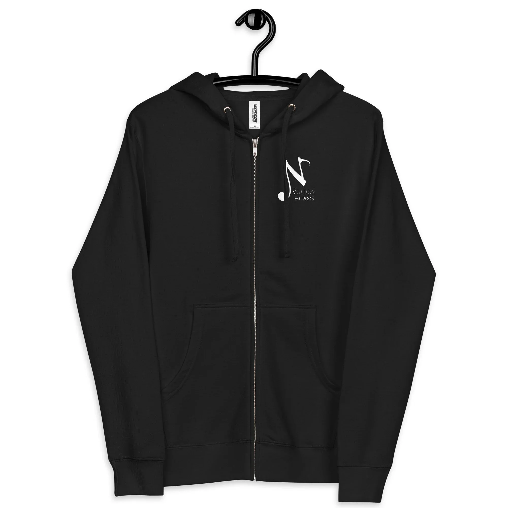 NMTS Fleece Zip Up Hoodie in black. Has NMTS "N" and "Est. 2003" printed on front right chest area.