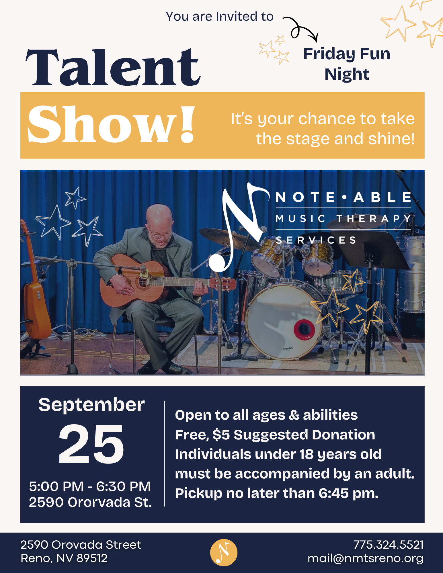 Talent Show Friday 9/25/26 5-6:30p at 2590 Orovada St., Reno
