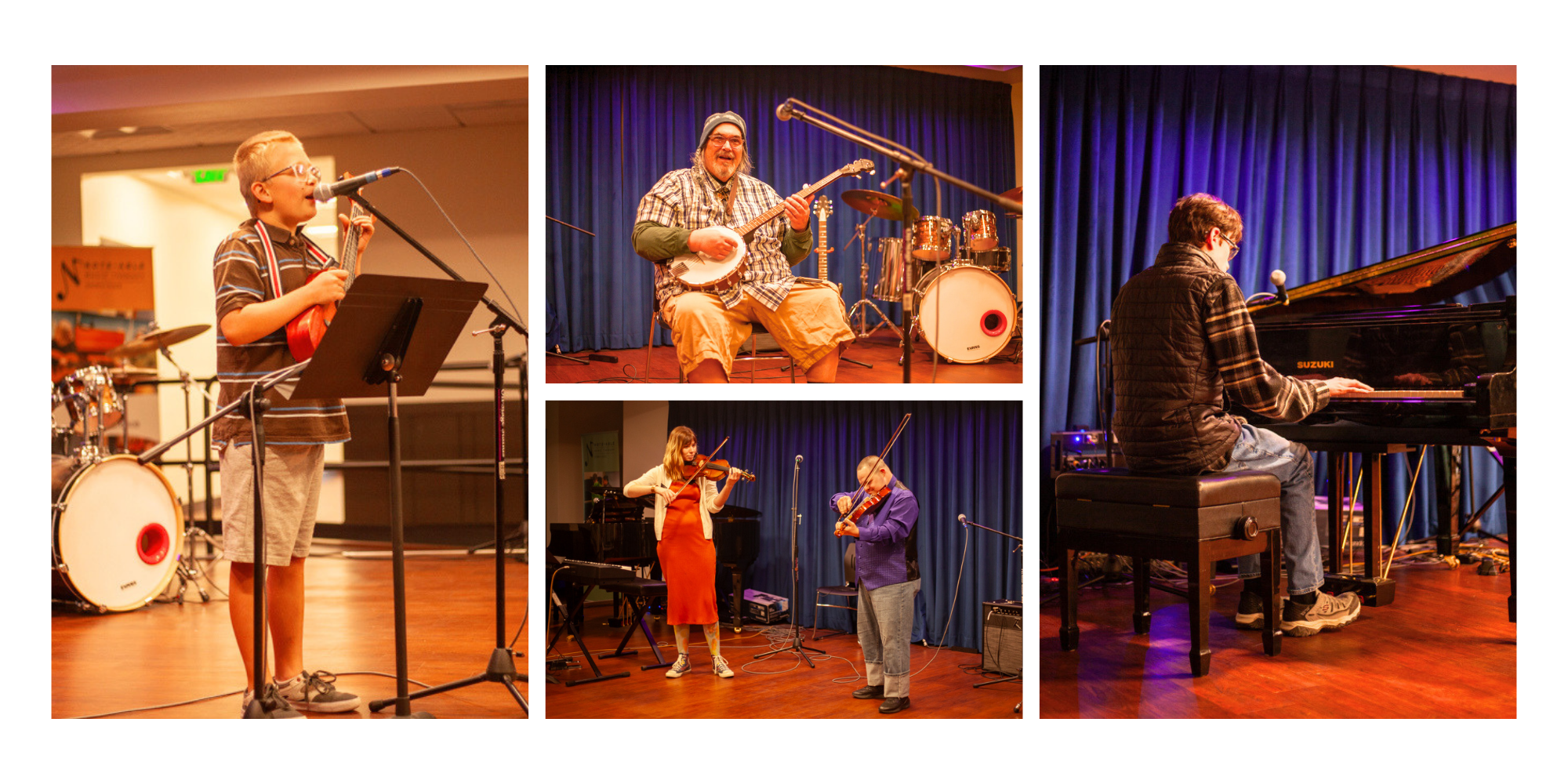 Collage of performers at the 2024 NMTS Spring Recital, including individuals playing instruments and performing on stage.
