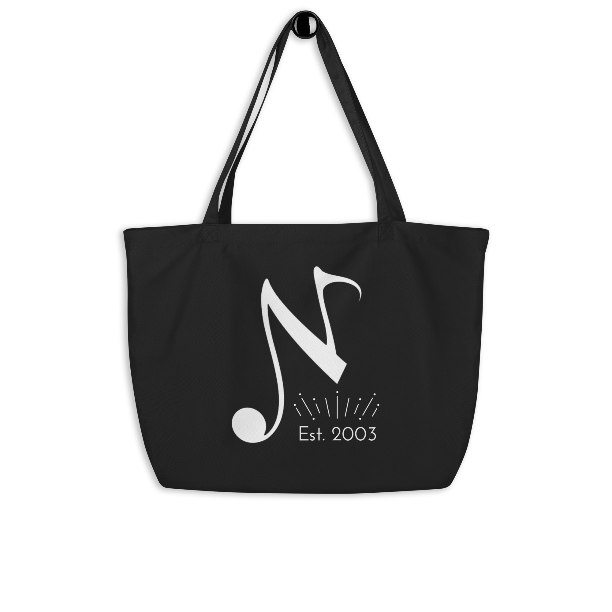 NMTS Tote Bag in black. Has NMTS "N" and "Est. 2003" printed on front