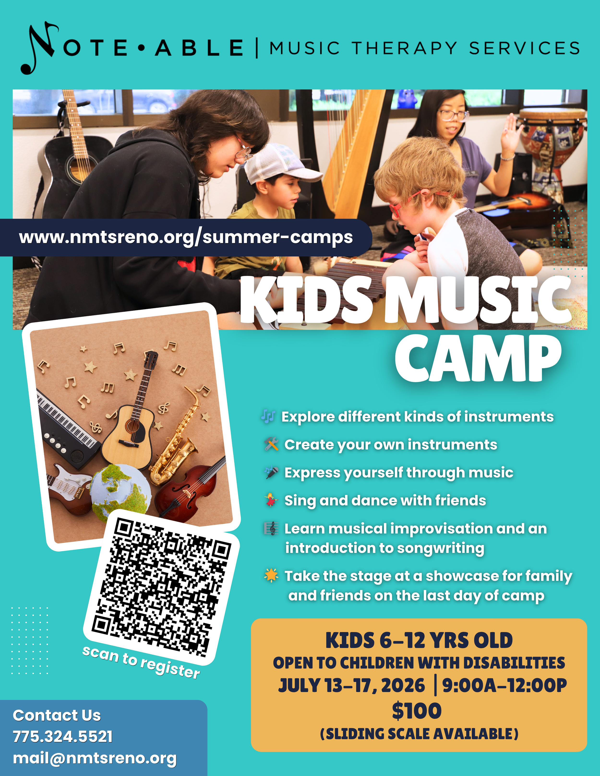 Children participating in music activities. Flyer includes Kids Music Camp, ages 6–12, July 13–17, 2026, $100, and registration QR code.