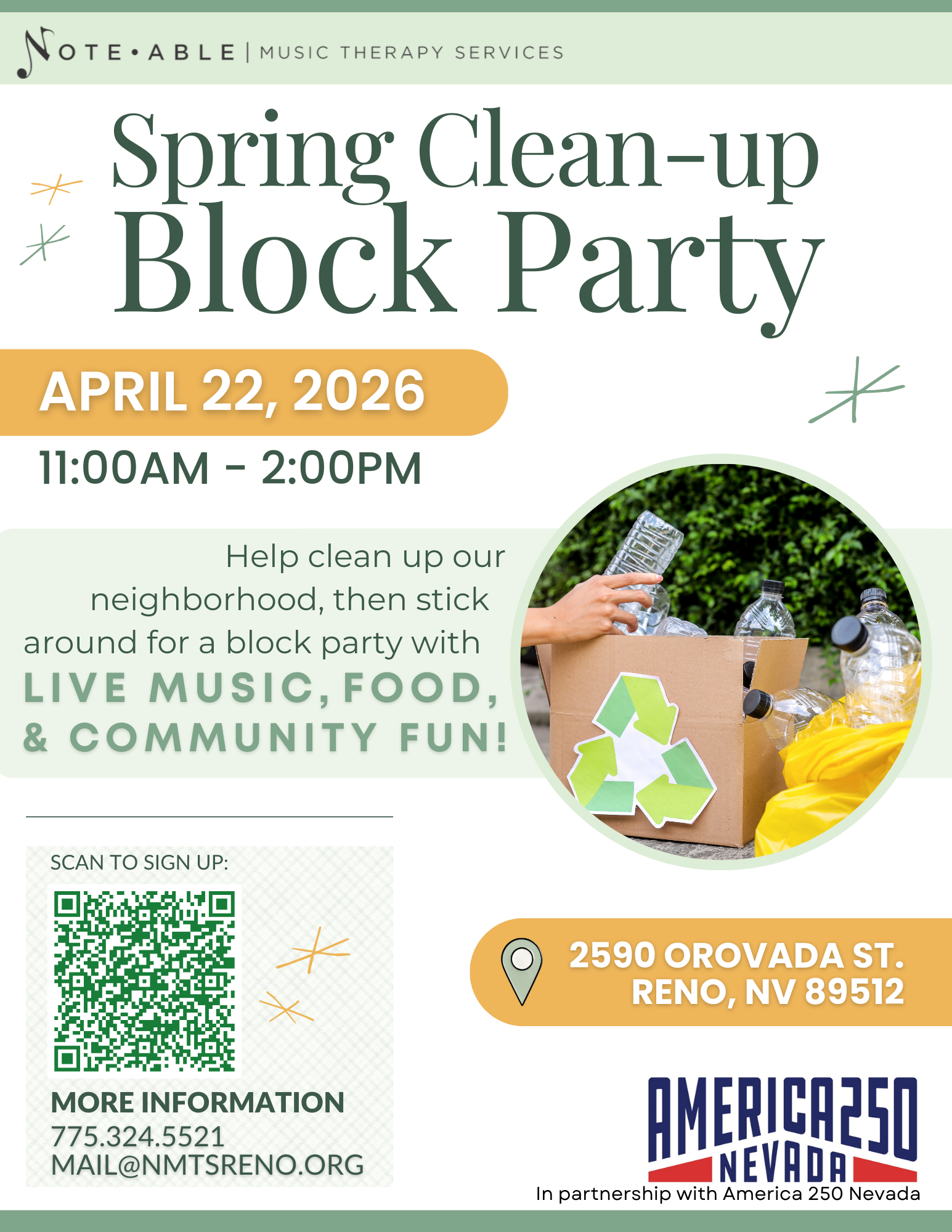 Flyer for NMTS Spring Clean-up Block Party on April 22, 2026, 11:00 am–2:00 pm, at 2590 Orovada St, Reno. Includes event details, QR code, and contact info.