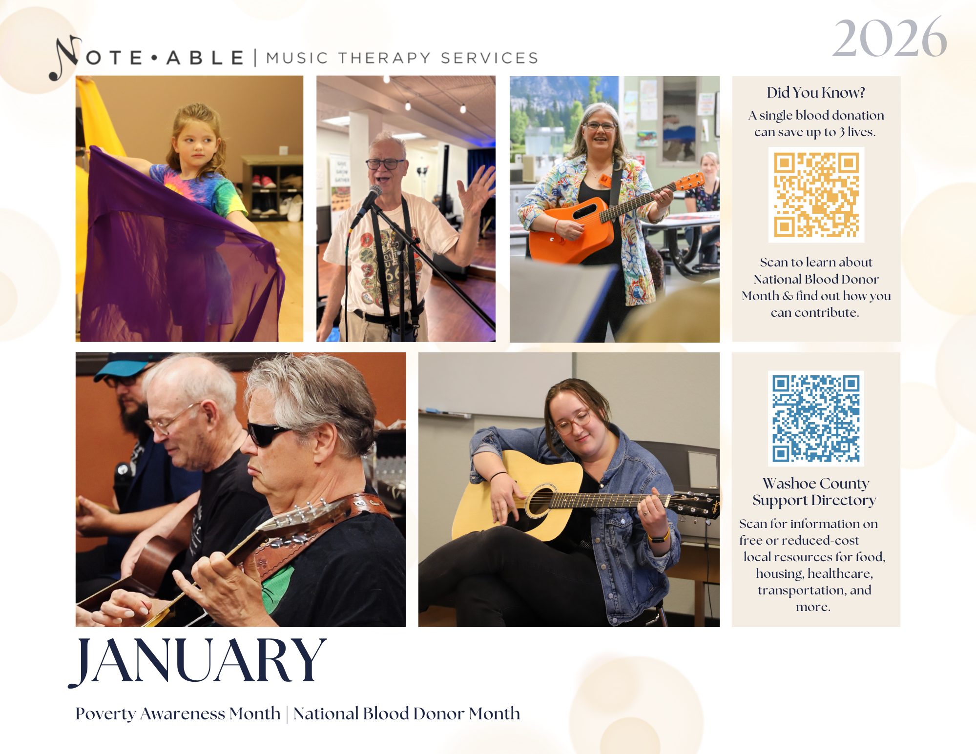 A promotional poster for music therapy services in January 2026, featuring photos of people playing and singing music, including a young girl with a purple scarf, a man with glasses singing, a woman with a guitar, and others playing guitars, with information about blood donation and local resources for healthcare and food assistance.