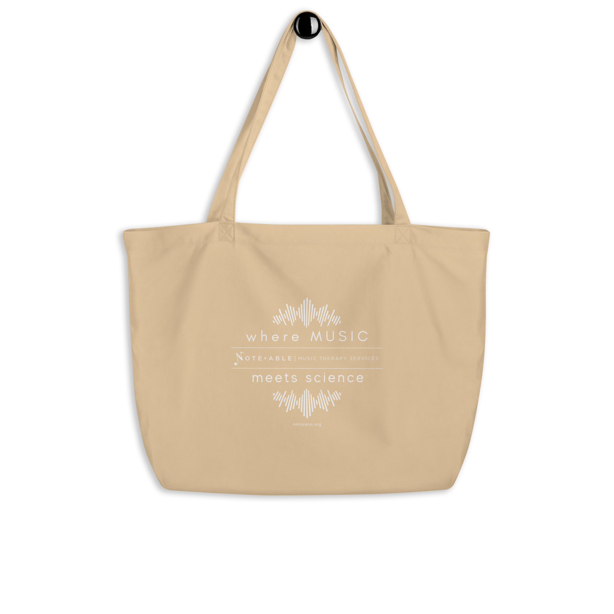 NMTS Tote Bag in beige. Has Note-able Music Therapy Services logo in the middle and above it says "Where Music" and below it says "Meets Science"